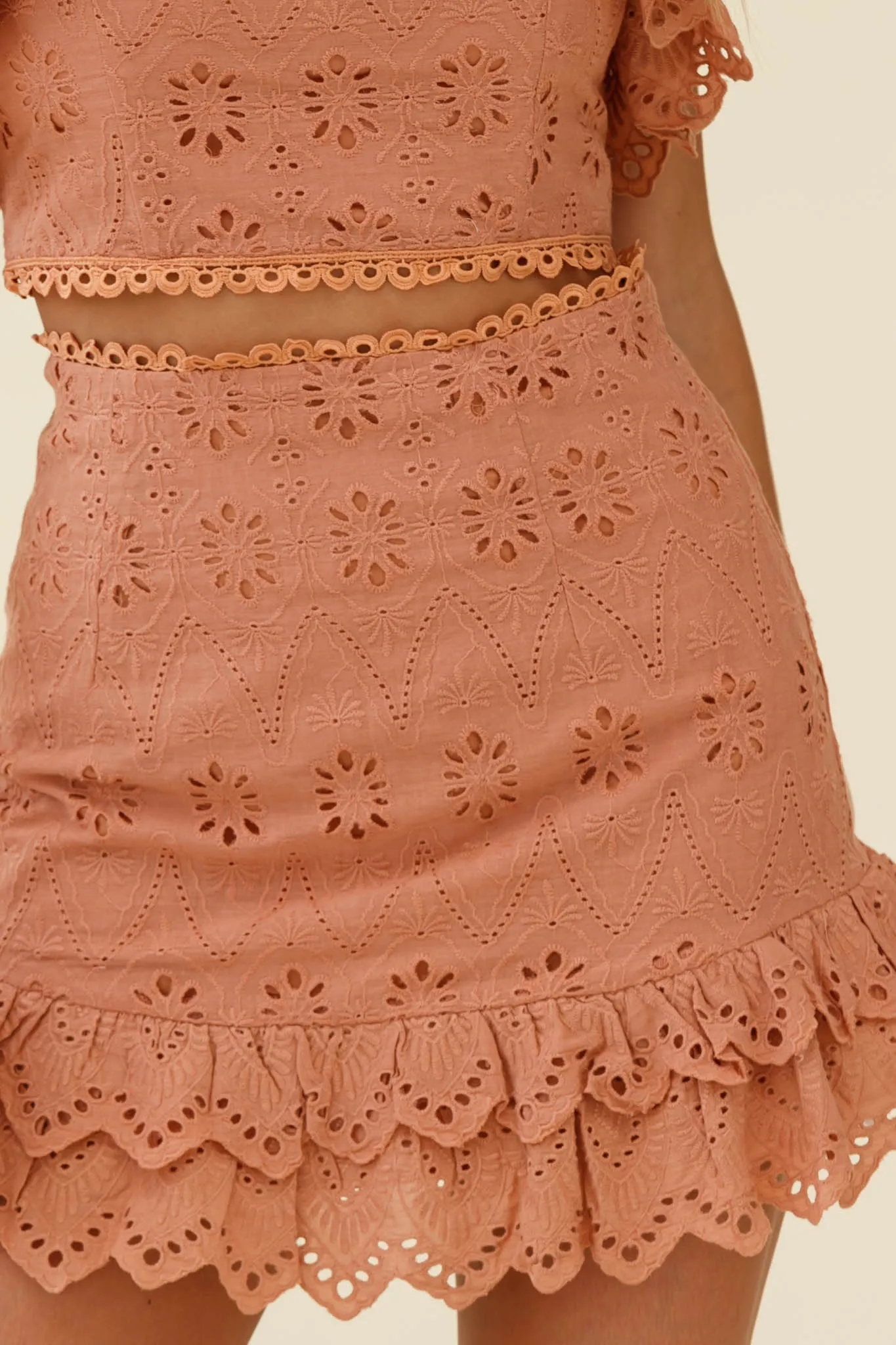 Houston Scalloped Hem Broderie Anglaise Mini Skirt Tan