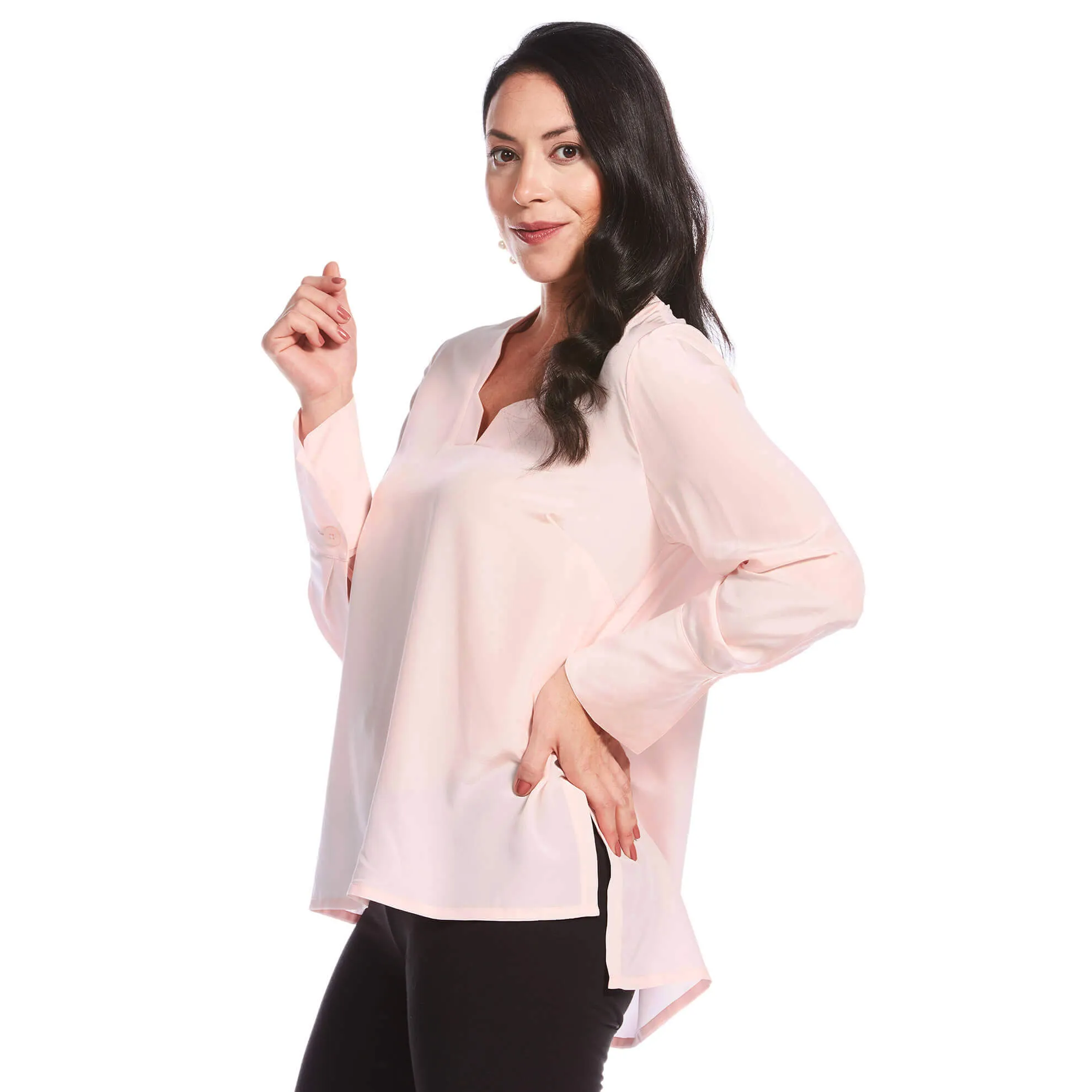 J. Peterman Women's Notched-Collar Silk Blouse in Pink