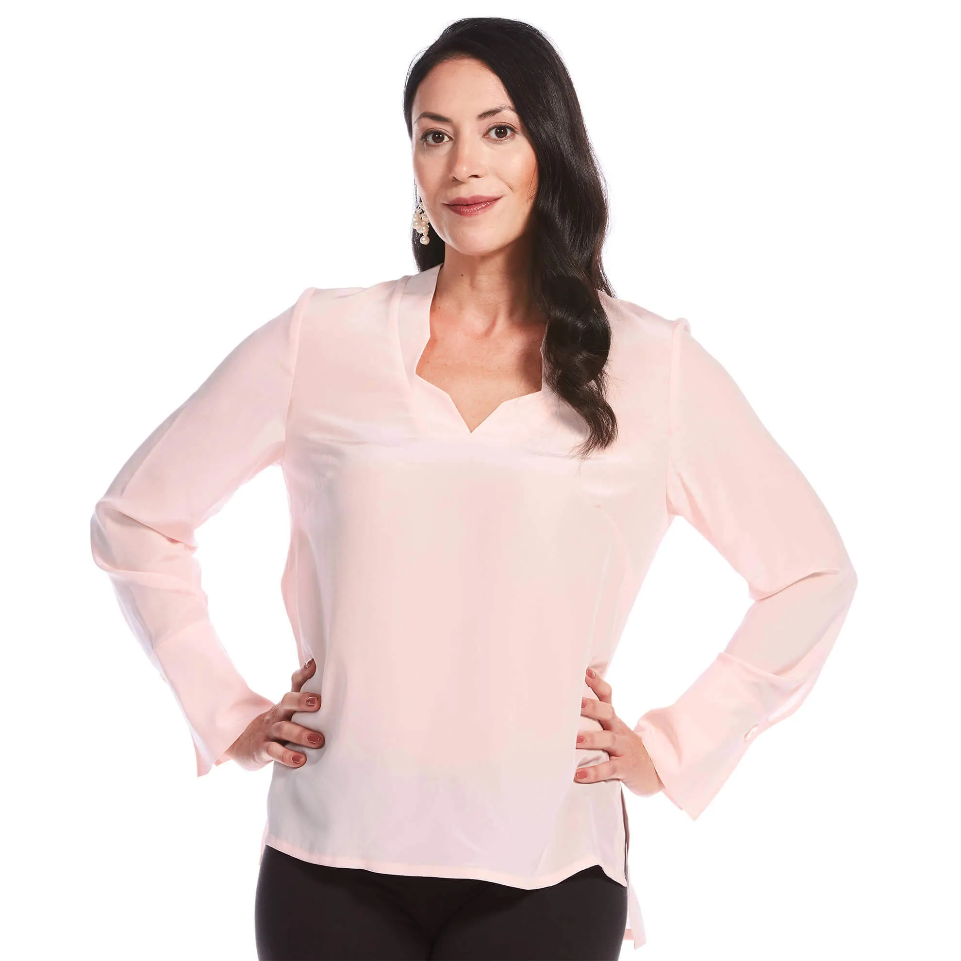 J. Peterman Women's Notched-Collar Silk Blouse in Pink