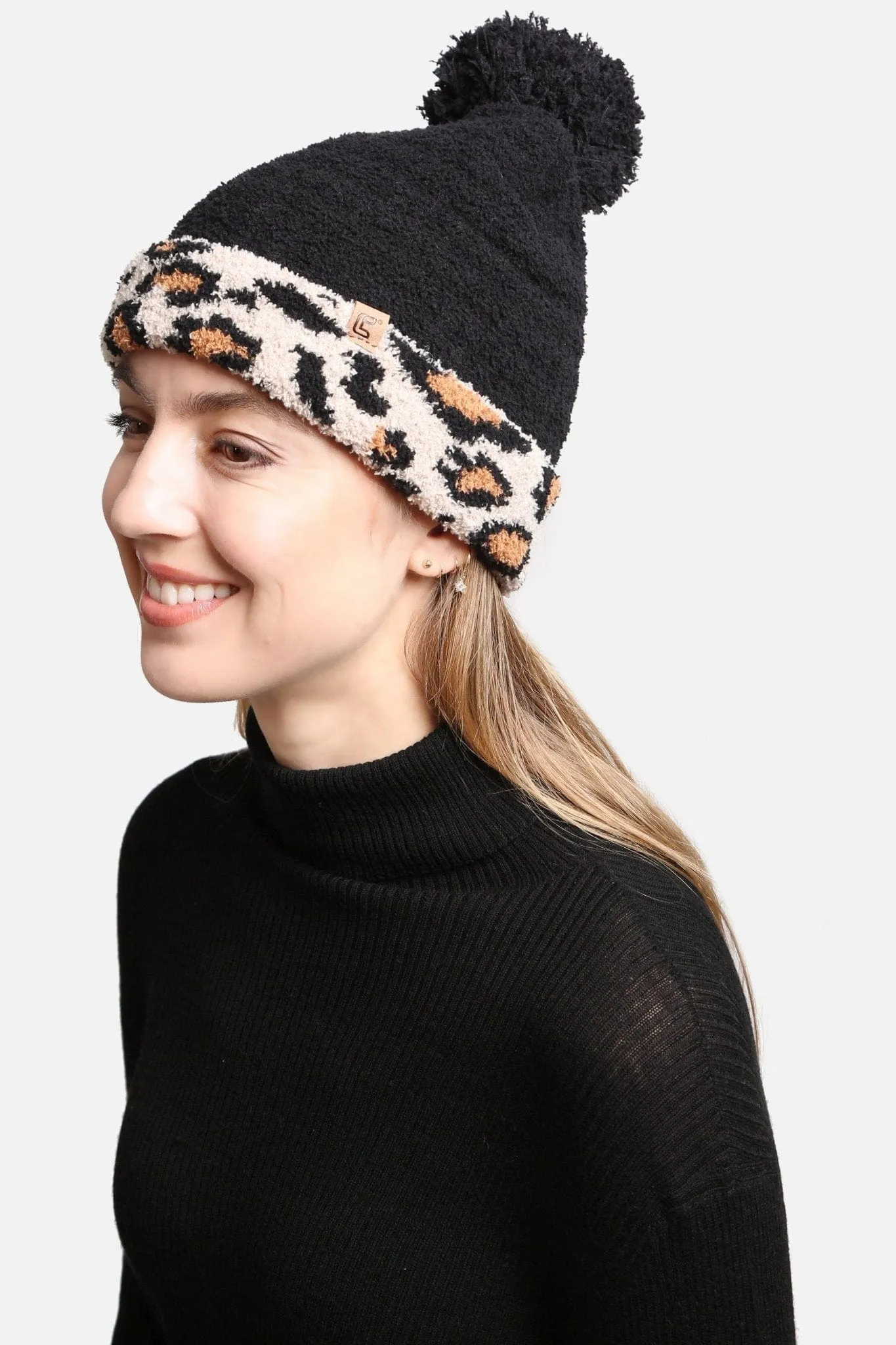 JH303 Leopard Cuffed  Super Lux Lined Pom-Pom Beanie