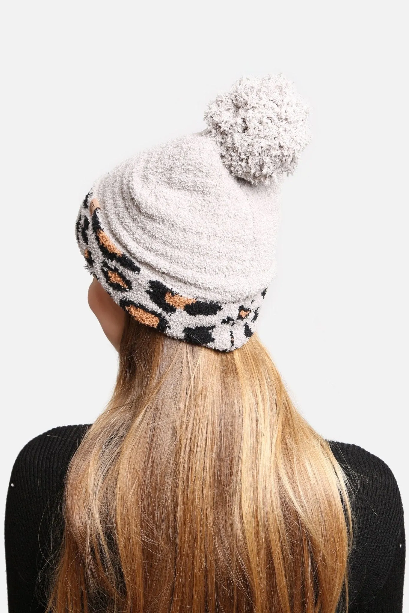 JH303 Leopard Cuffed  Super Lux Lined Pom-Pom Beanie