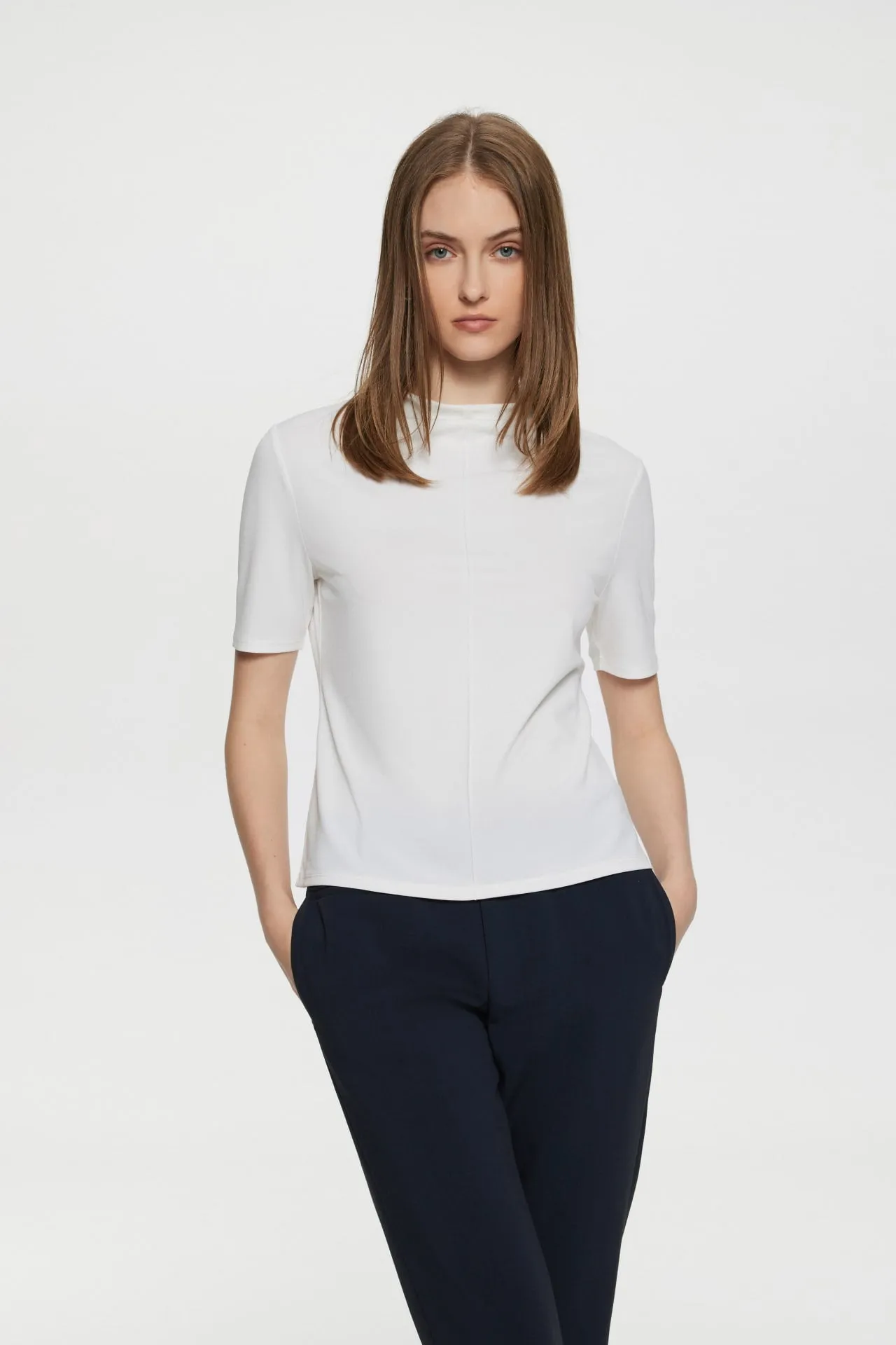 Kimberly  Stretchable Crepe Knit Mock Neck Layered Top