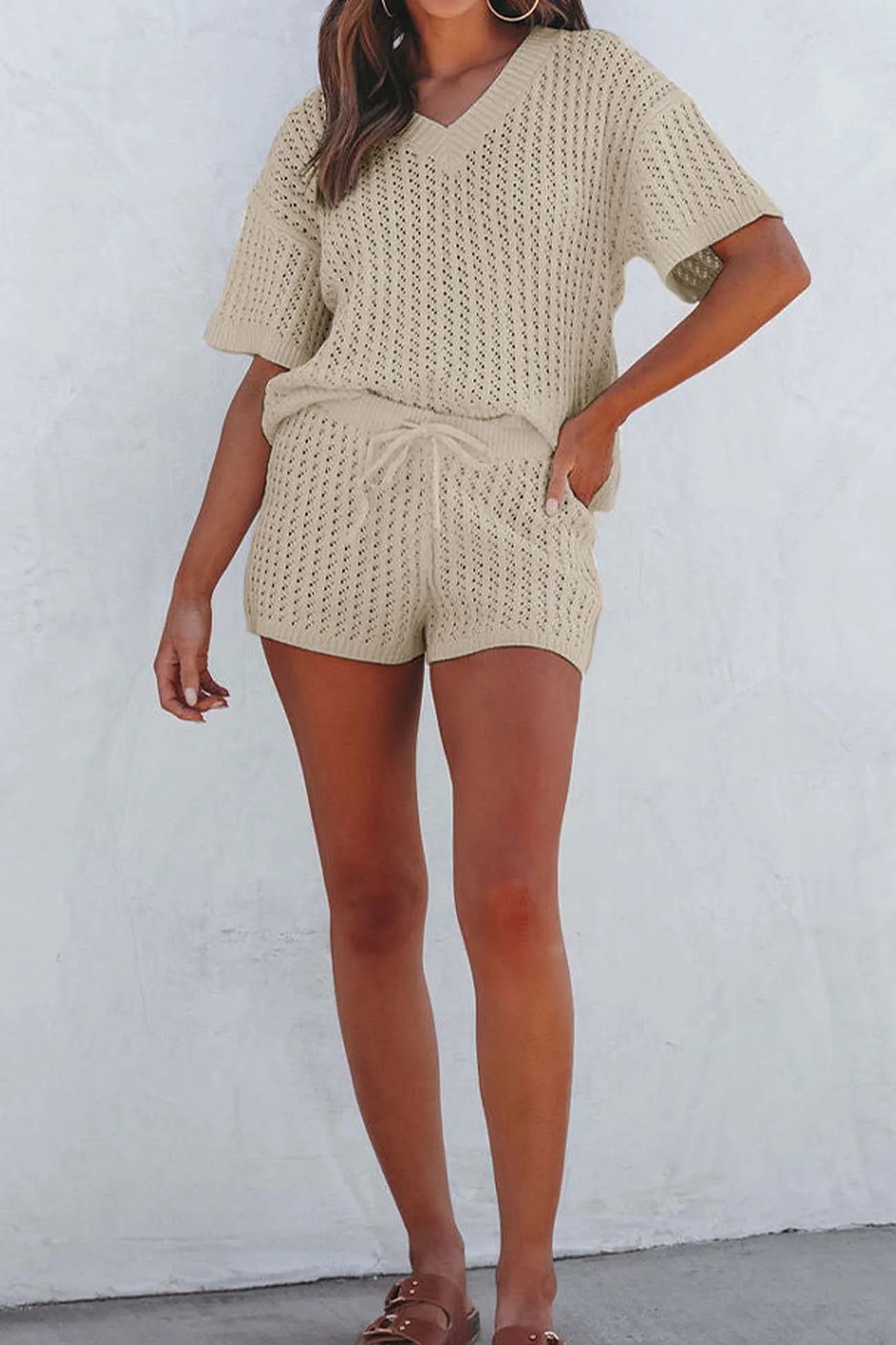 Knitted V Neck Cutout Drawstring Shorts Set