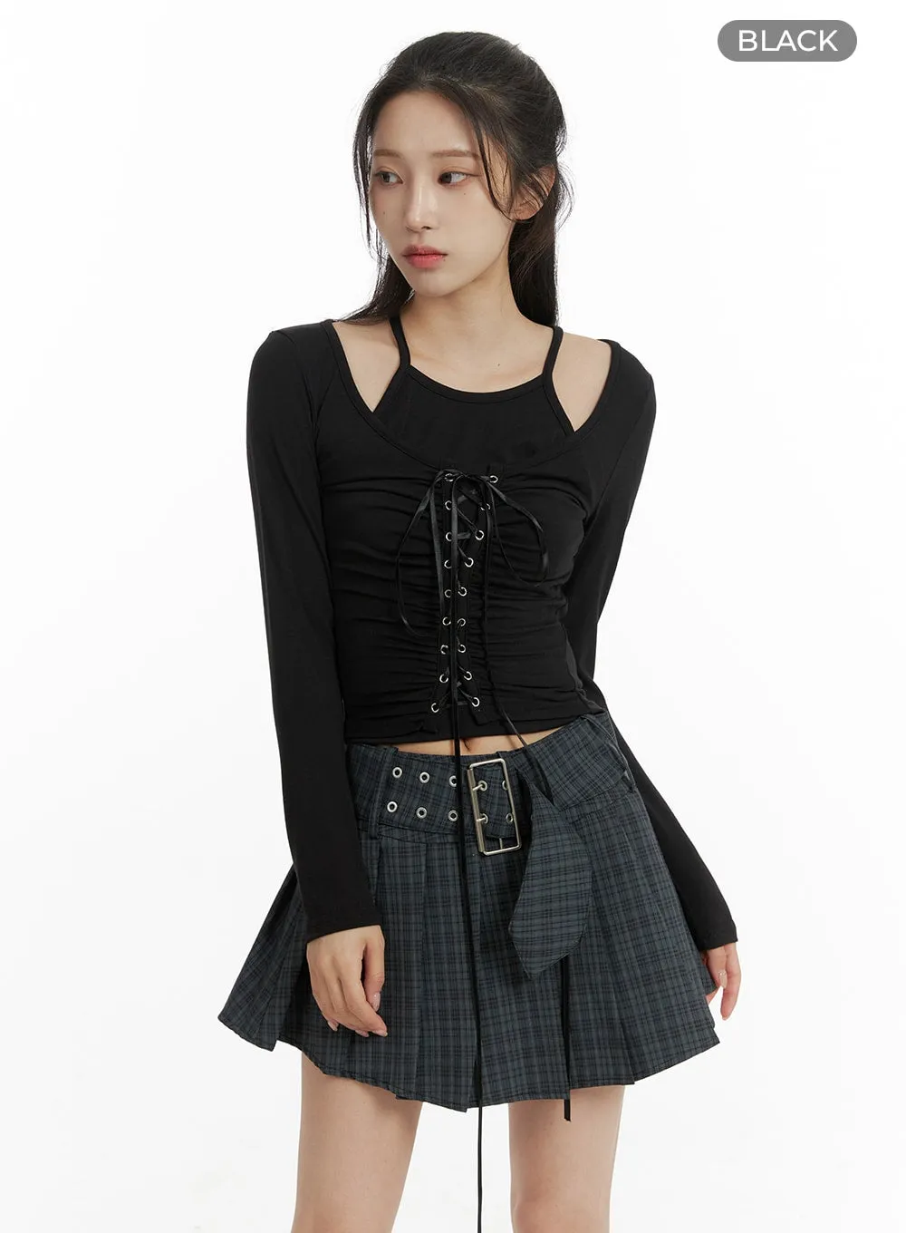 Lace-Up Halter Layered Top CF429