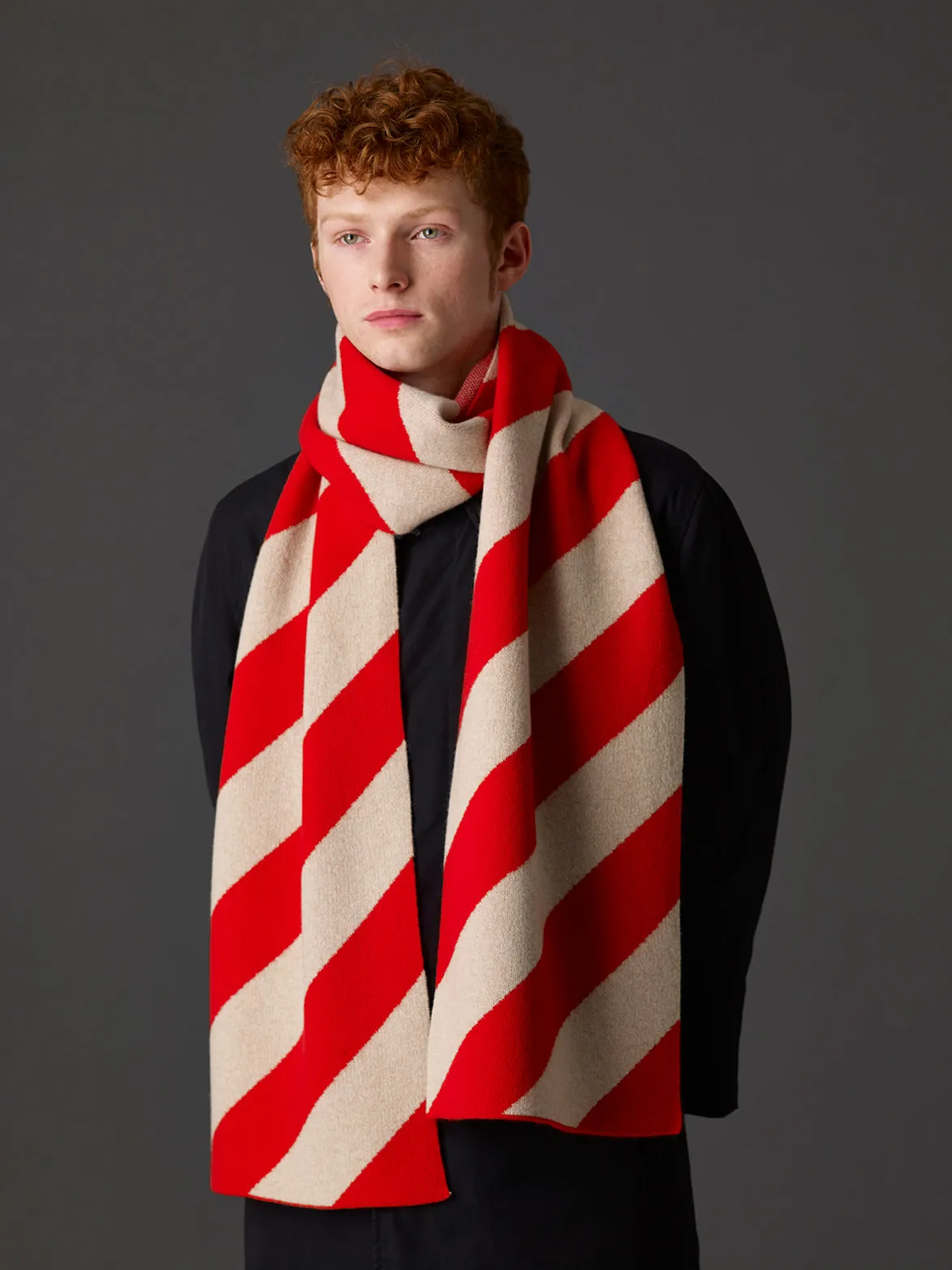 Large Diagonal Stripe Scarf Scarlet & Oatmeal Sample Sale