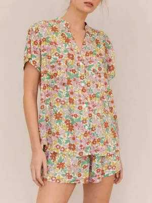 Leaves Print Short Sleeve Button Closure Shirt Shorts Loungewear Flower Pajamas