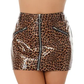 Leopard Print Patent Leather Mini Skirt