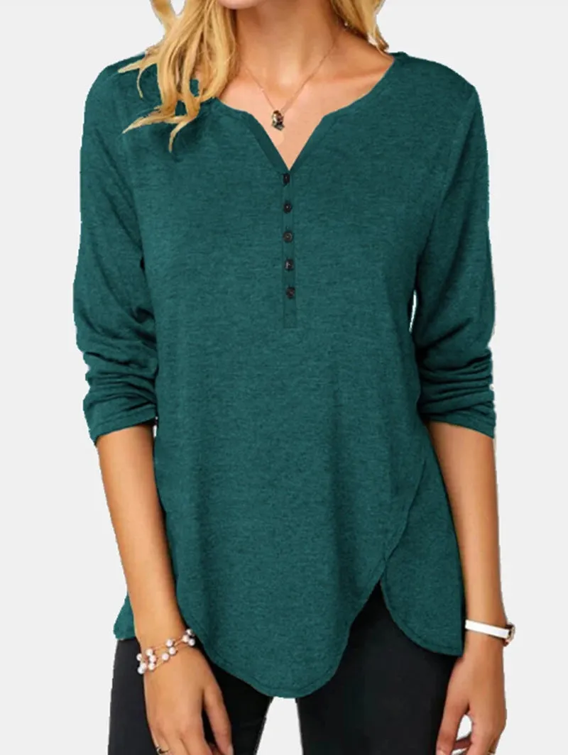 Long Sleeve V-neck Single-breasted Plus Size T-shirt