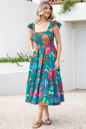 Marigold Shirred Midi Dress Moroccan Sun Print