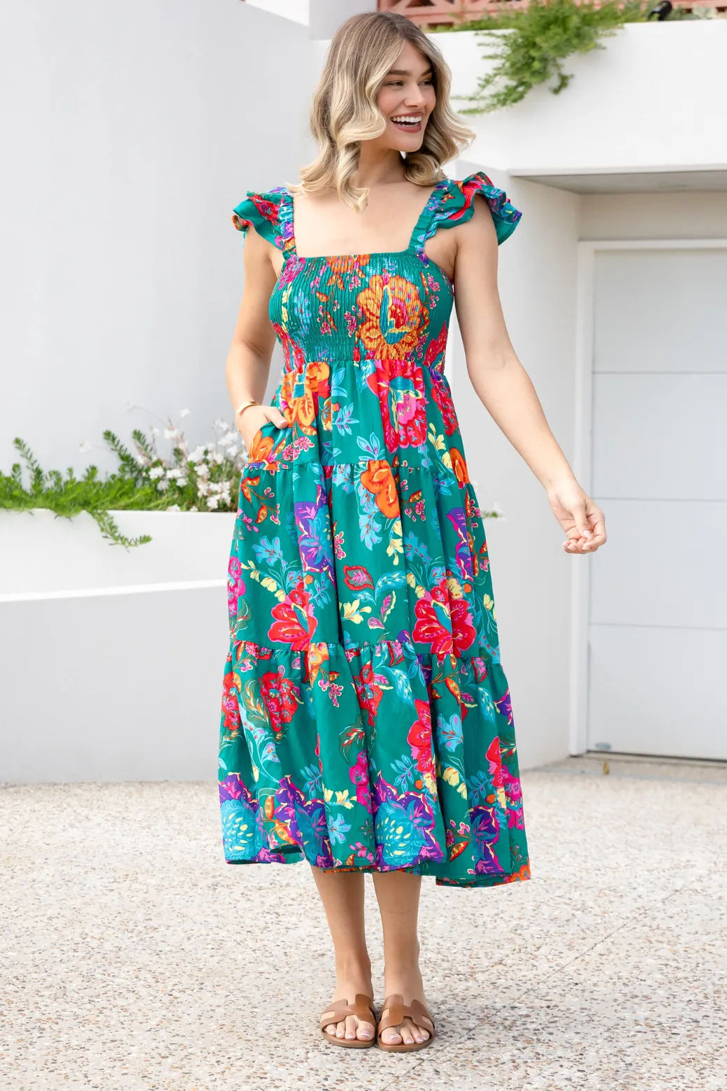 Marigold Shirred Midi Dress Moroccan Sun Print