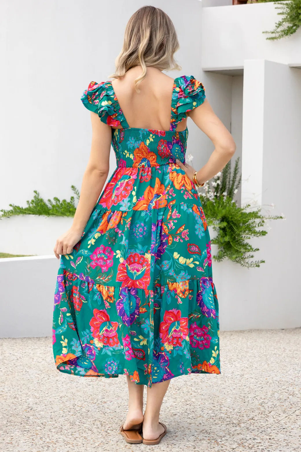 Marigold Shirred Midi Dress Moroccan Sun Print