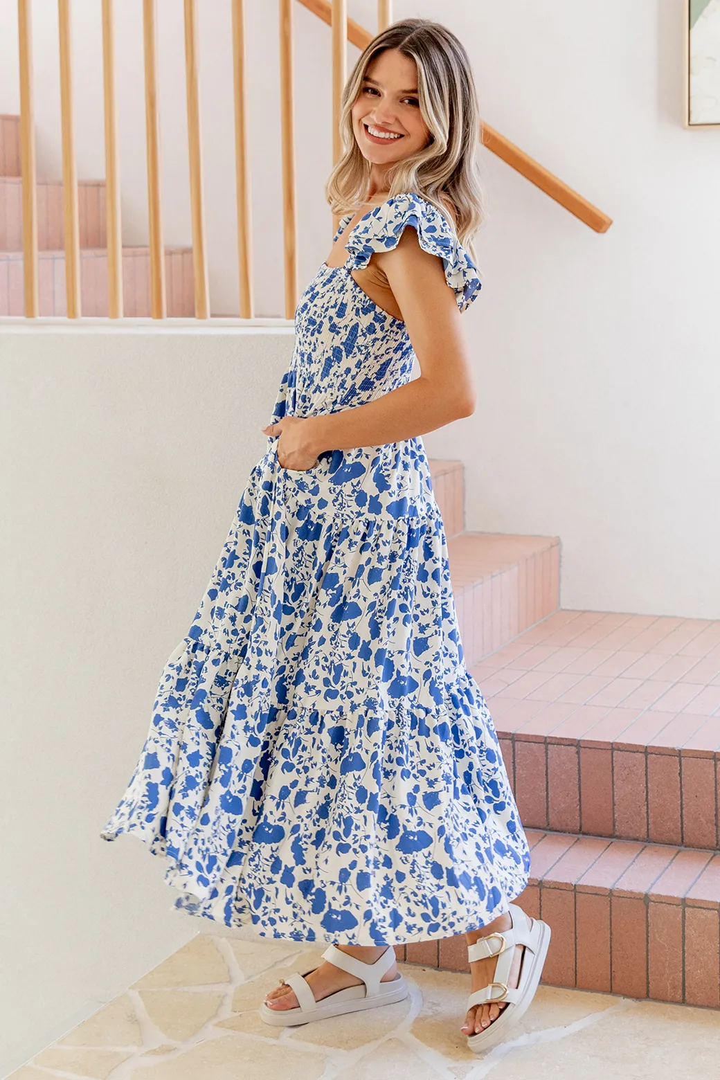 Marigold Shirred Midi Sundress Blue White Floral