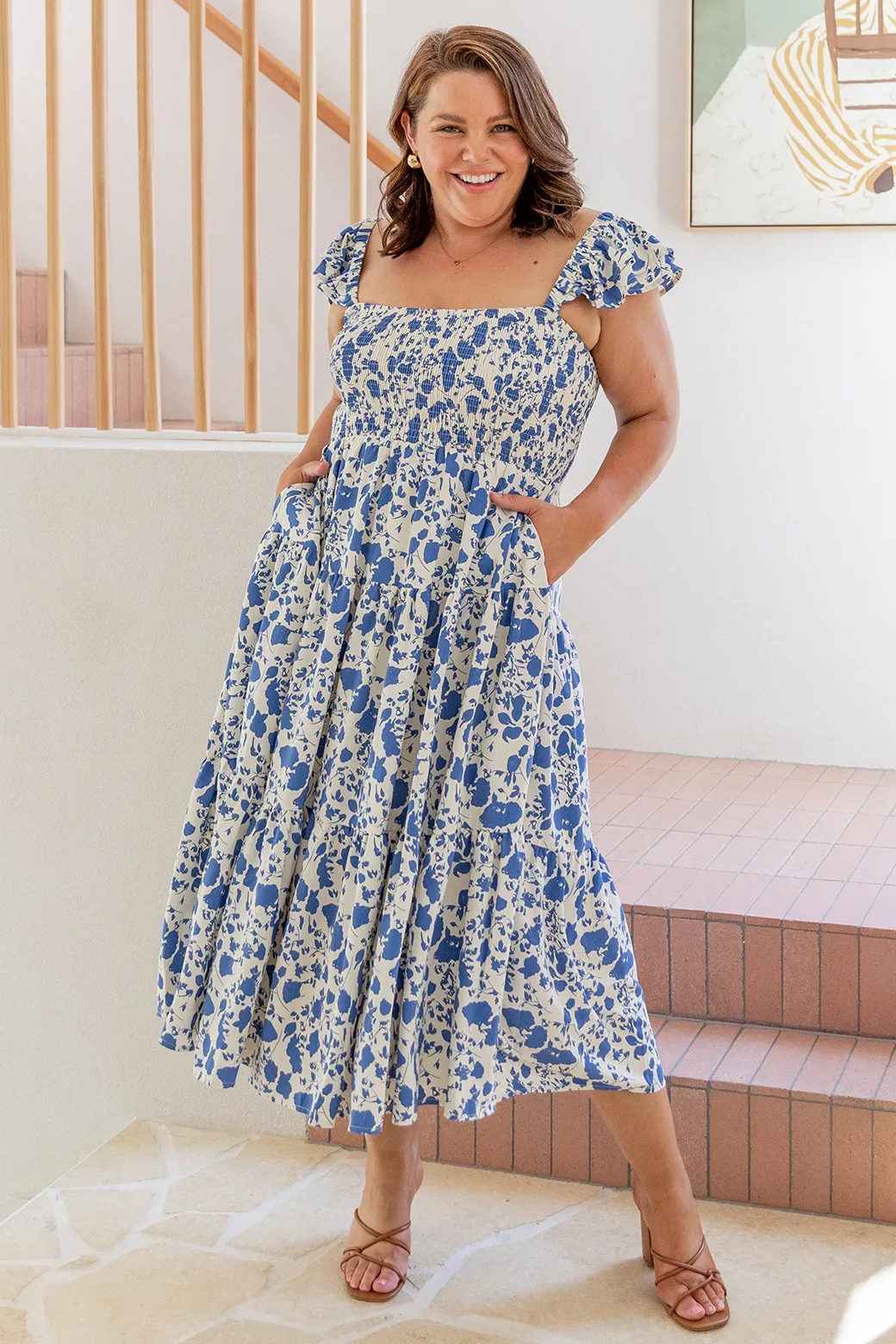 Marigold Shirred Midi Sundress Blue White Floral