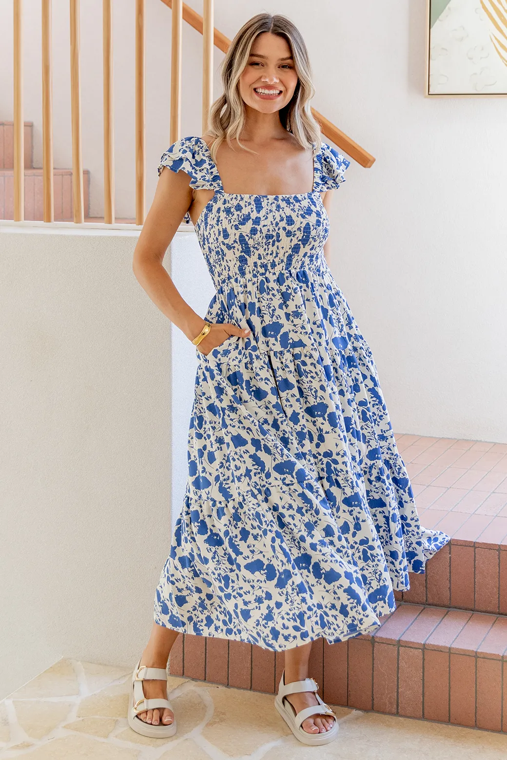 Marigold Shirred Midi Sundress Blue White Floral