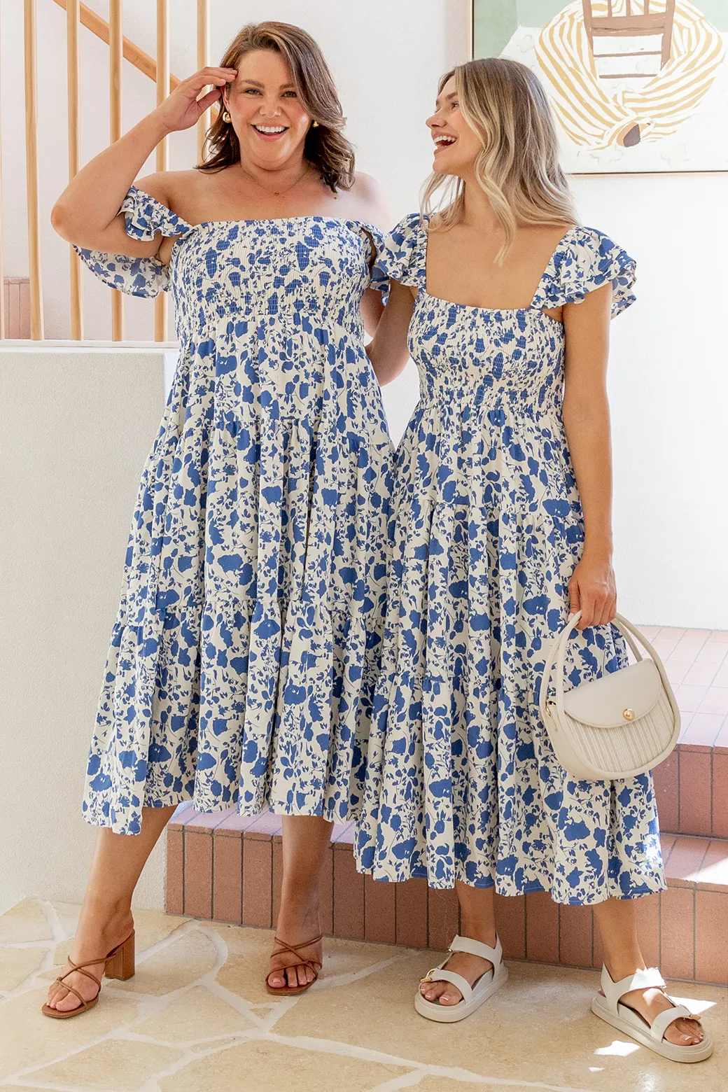 Marigold Shirred Midi Sundress Blue White Floral