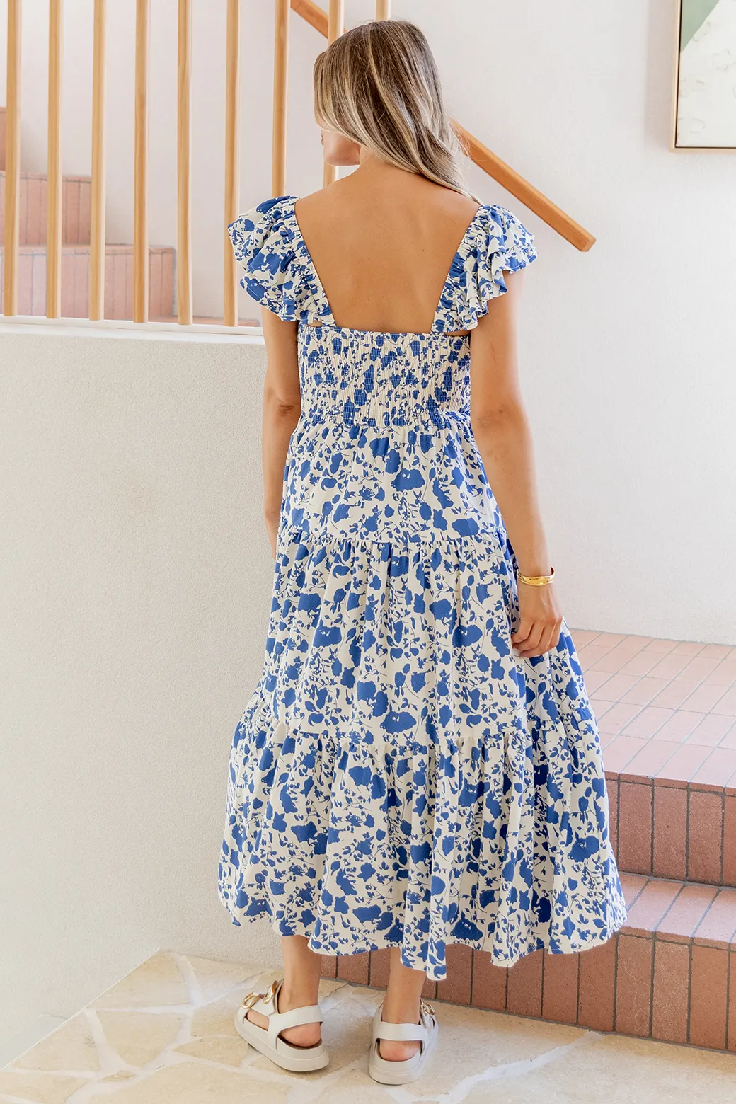 Marigold Shirred Midi Sundress Blue White Floral