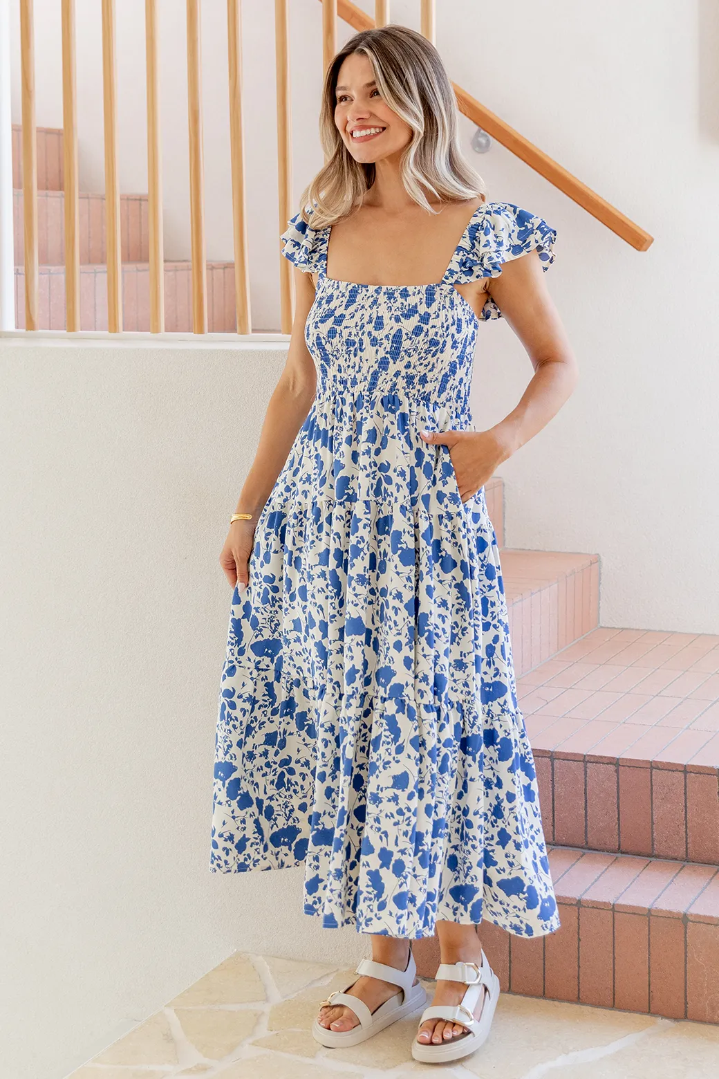 Marigold Shirred Midi Sundress Blue White Floral