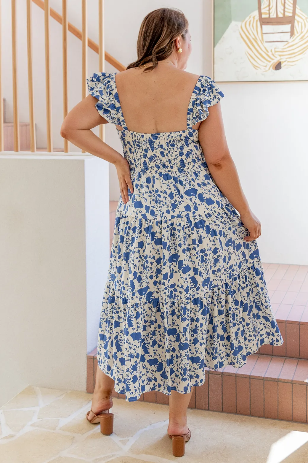 Marigold Shirred Midi Sundress Blue White Floral