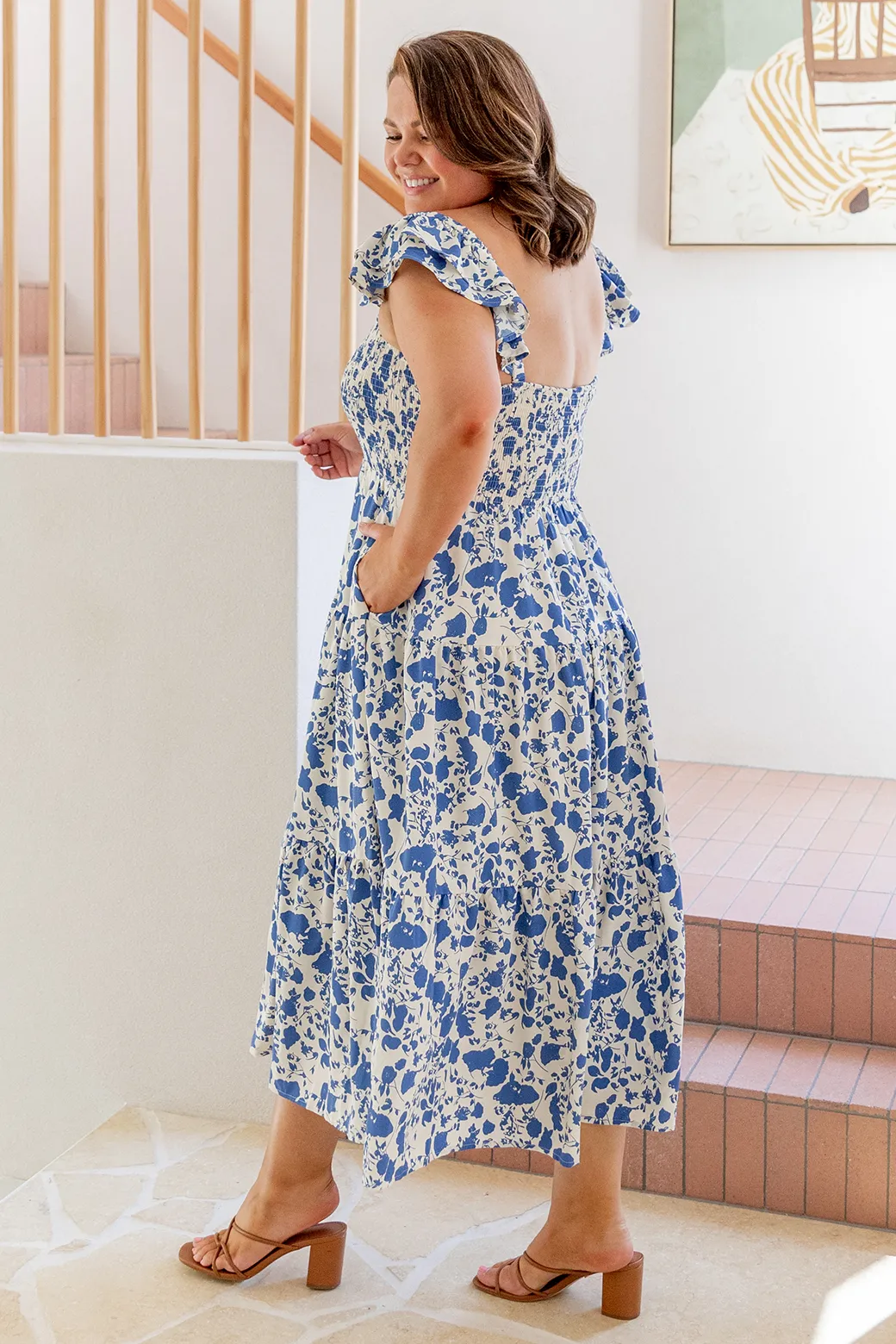 Marigold Shirred Midi Sundress Blue White Floral