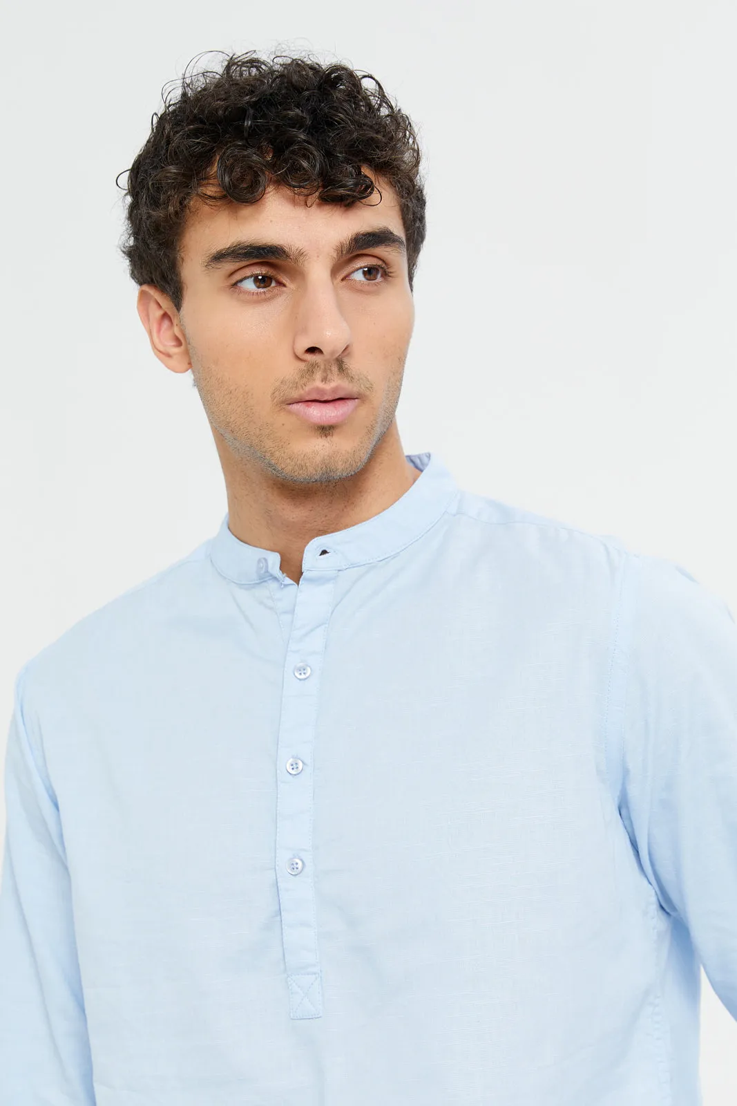 Men Blue Plain Linen Blend Polo Collar Shirt