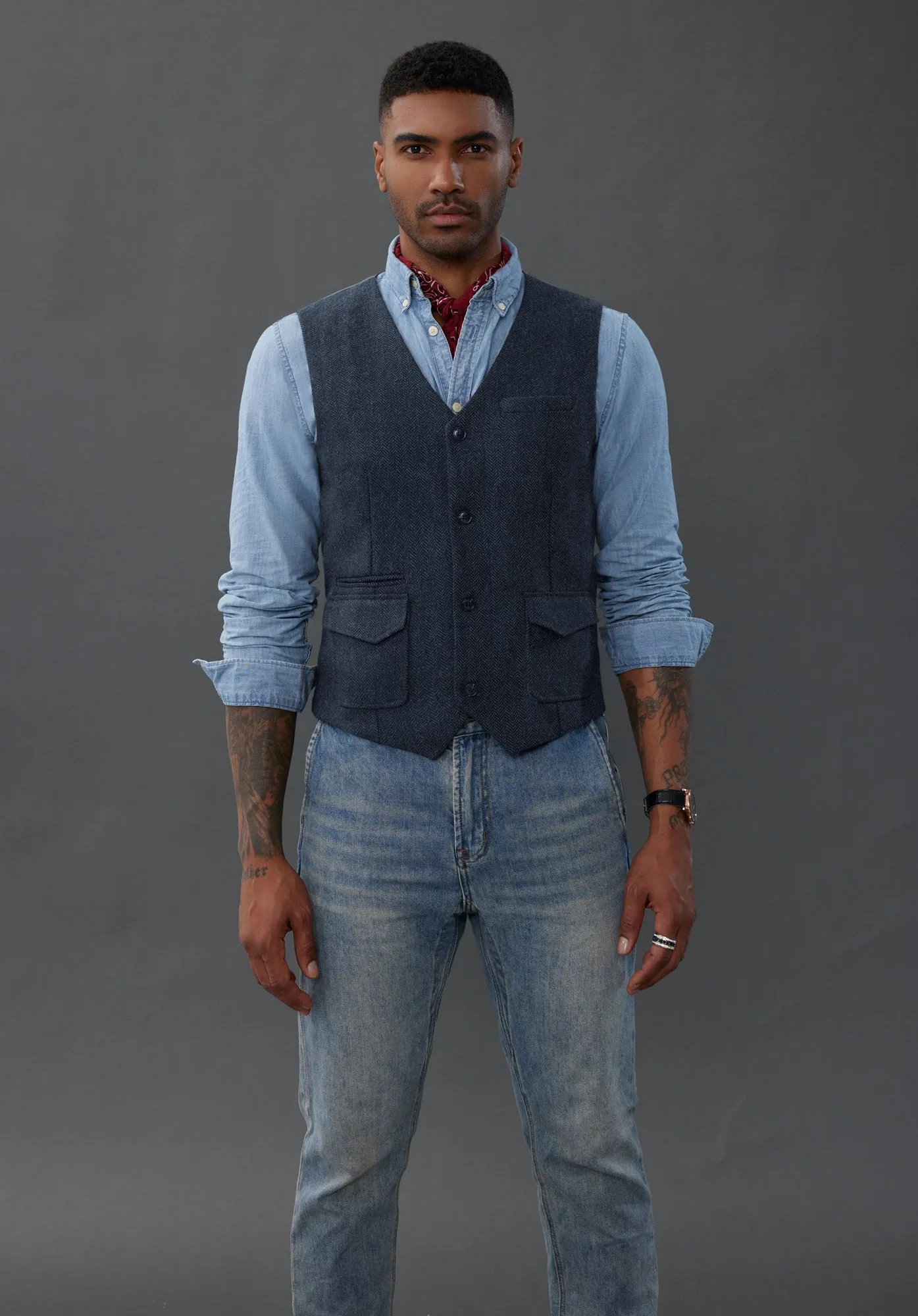 Men's British Herringbone Tweed Vest Casual Wool Blend Waistcoat with Pockets