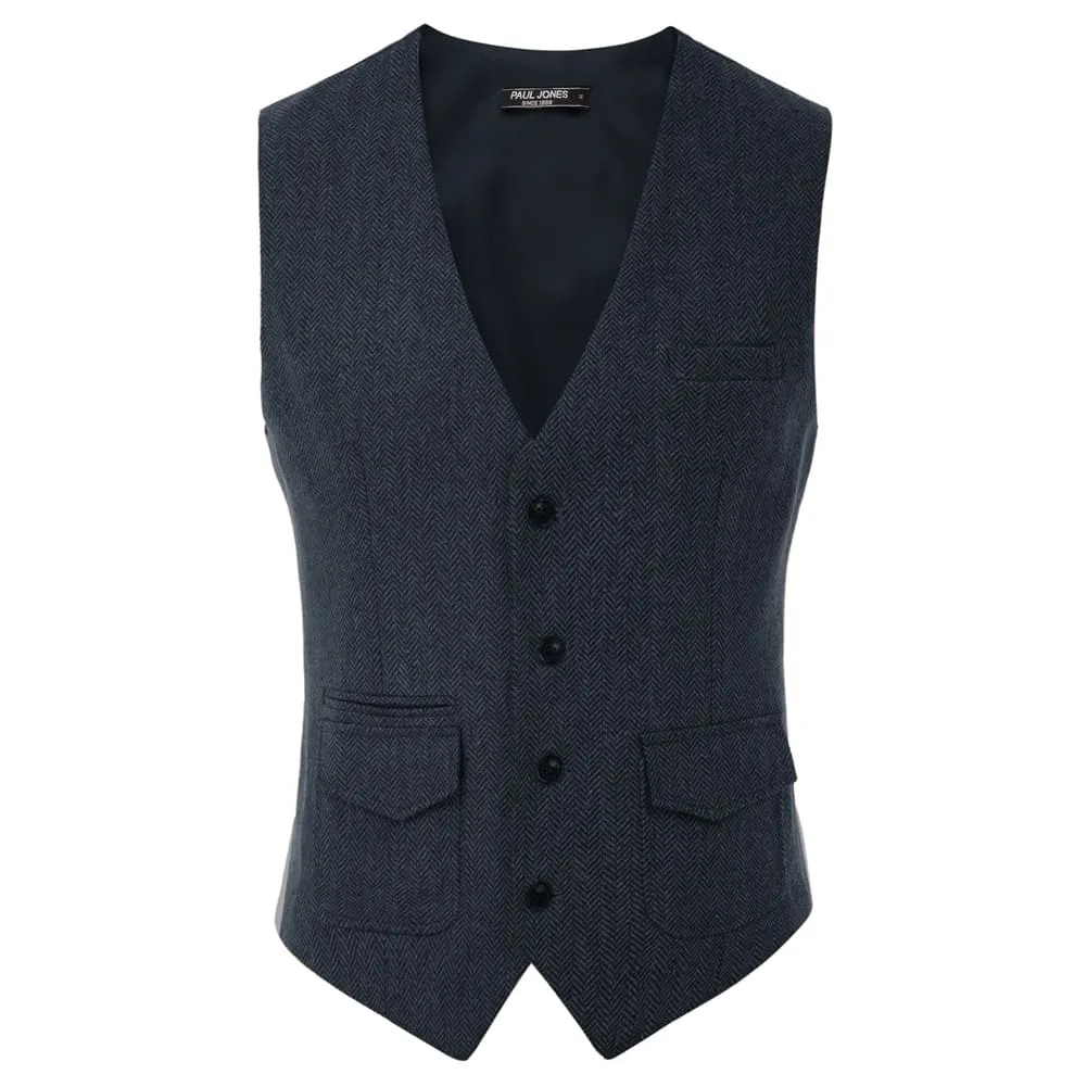 Men's British Herringbone Tweed Vest Casual Wool Blend Waistcoat with Pockets