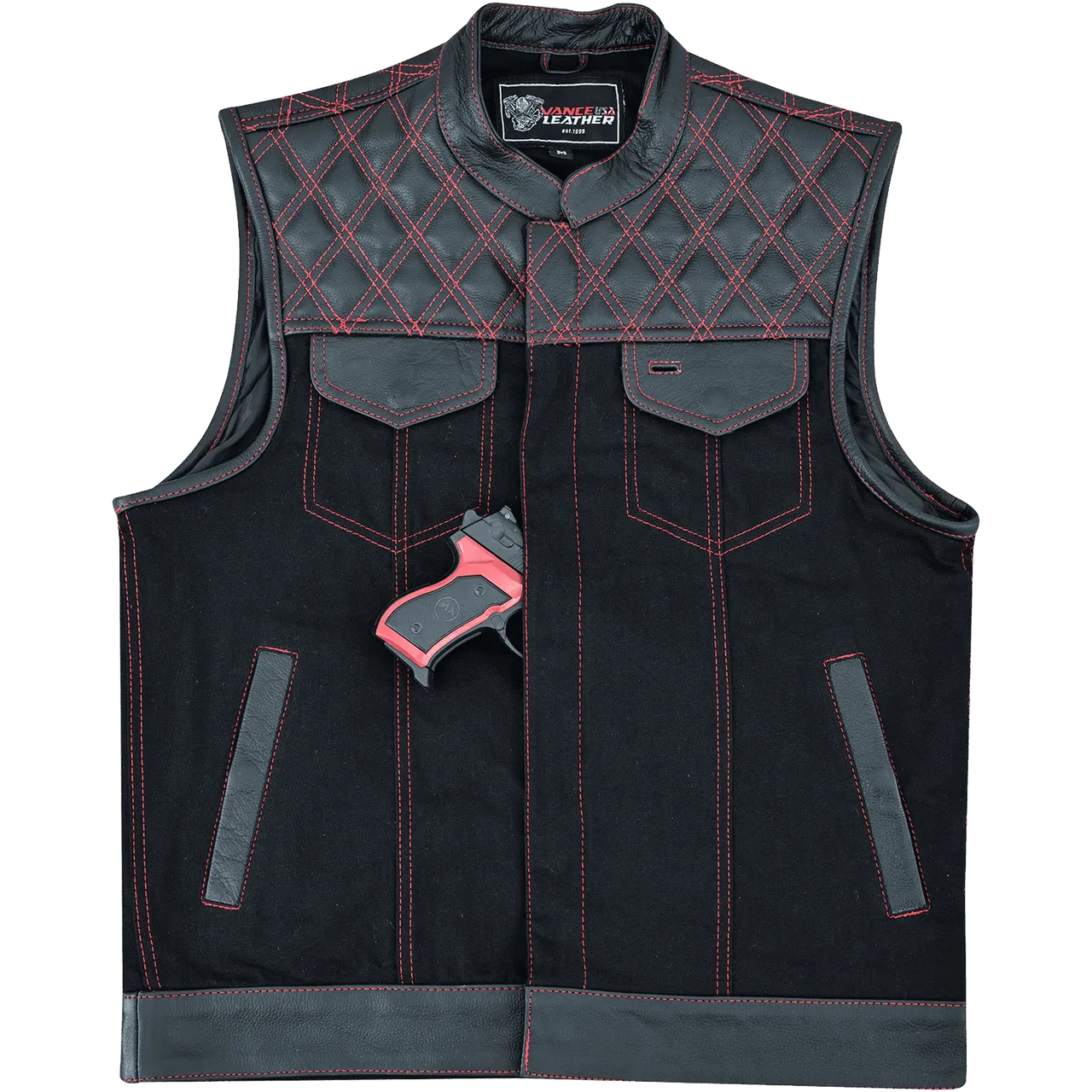 Men's Denim & Leather Motorcycle Vest with Conceal Carry Pockets and Red Stitching.