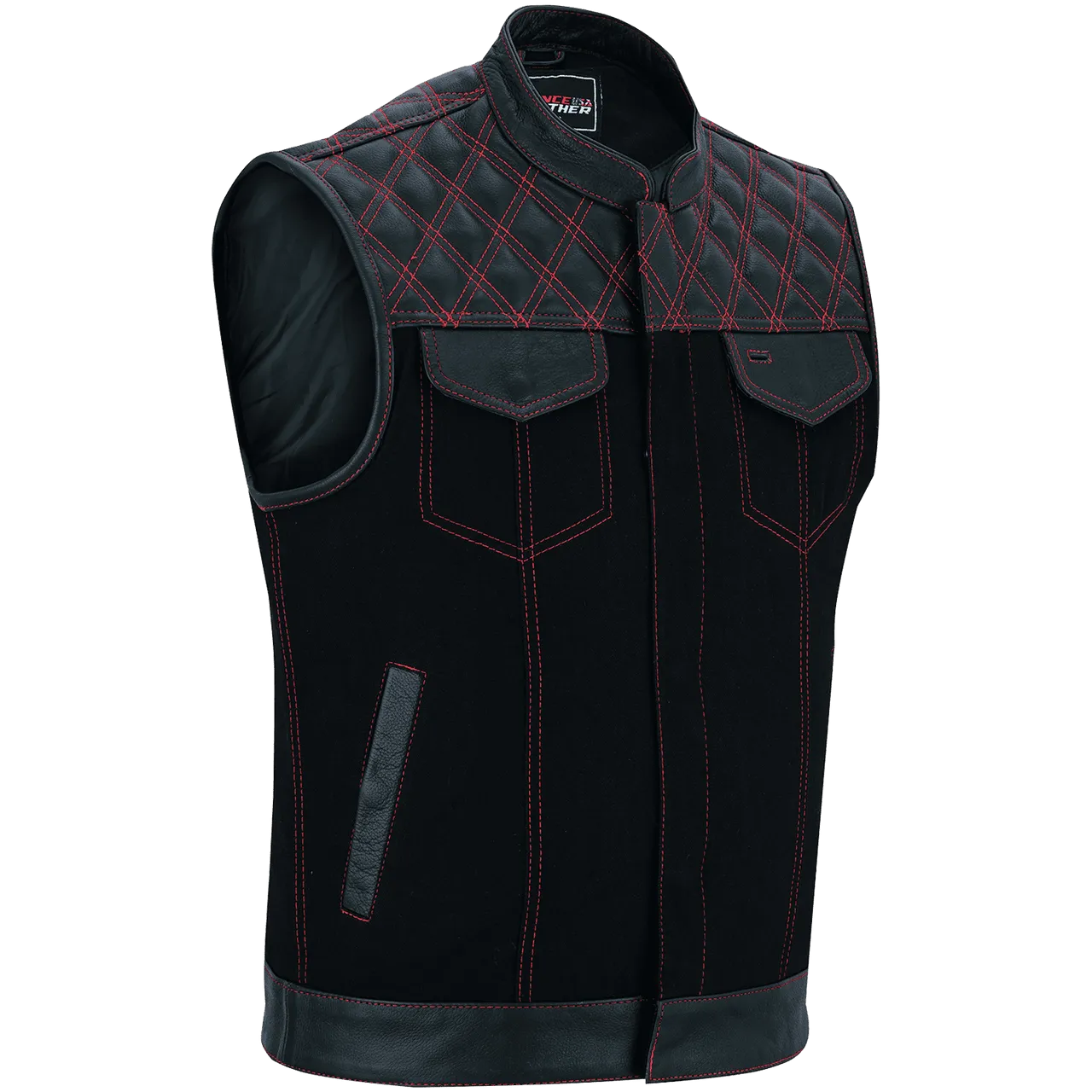 Men's Denim & Leather Motorcycle Vest with Conceal Carry Pockets and Red Stitching.