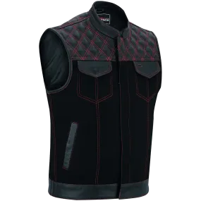 Men's Denim & Leather Motorcycle Vest with Conceal Carry Pockets and Red Stitching.