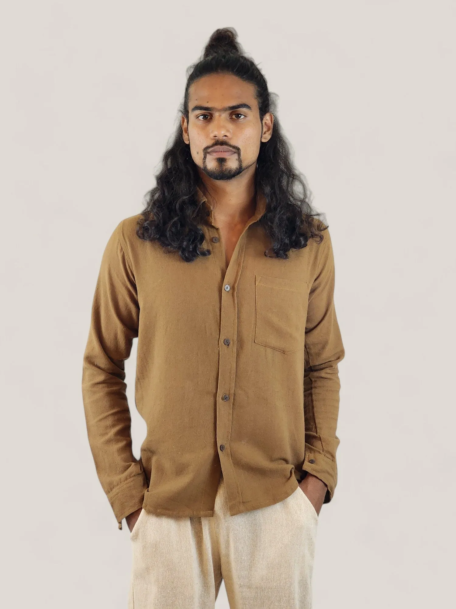 Men's Khaki Brown Organic Cotton Long Sleeve Button Down