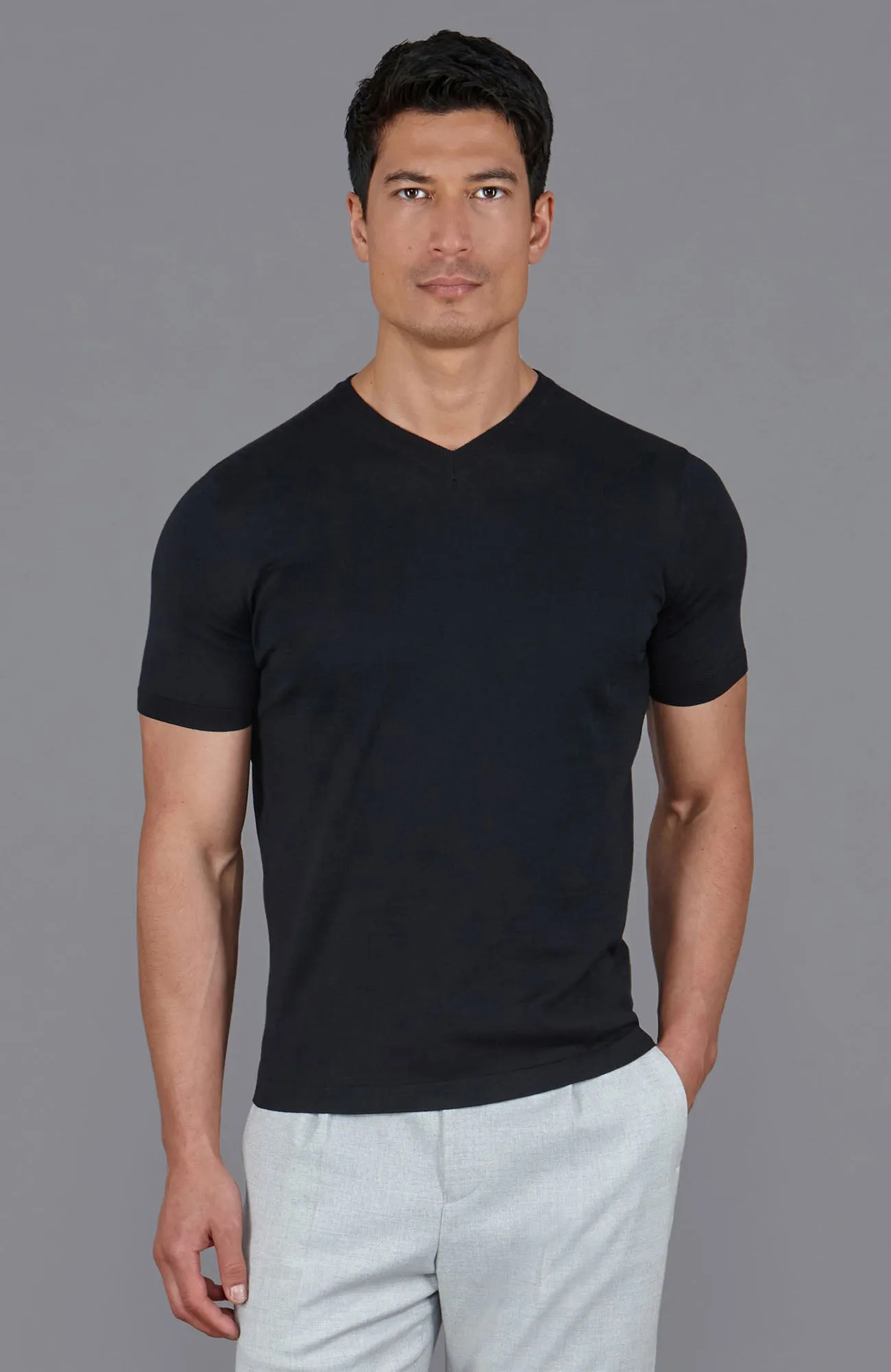 Mens Superfine Mercerised Cotton V Neck Knitted T-Shirt