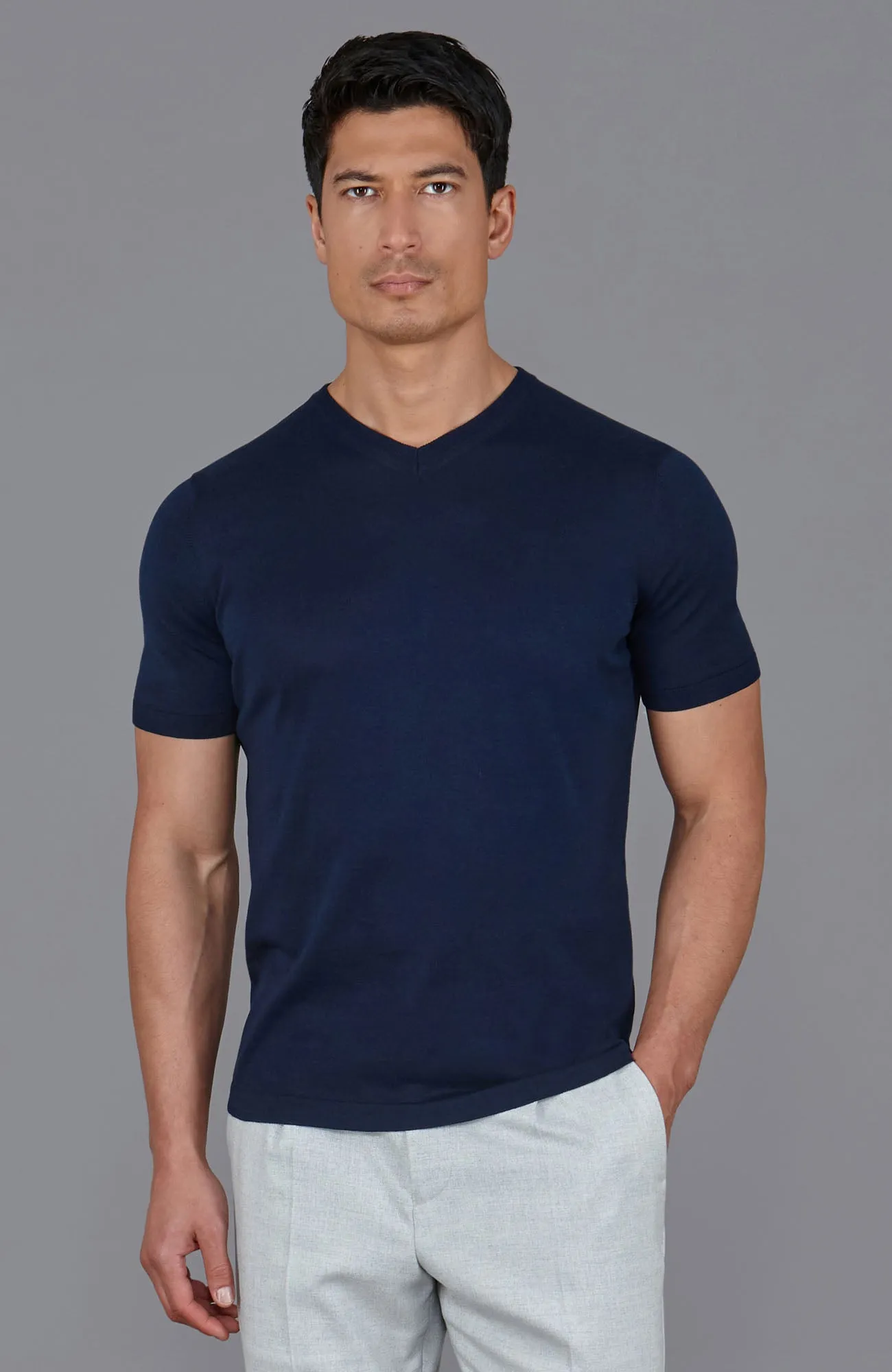 Mens Superfine Mercerised Cotton V Neck Knitted T-Shirt