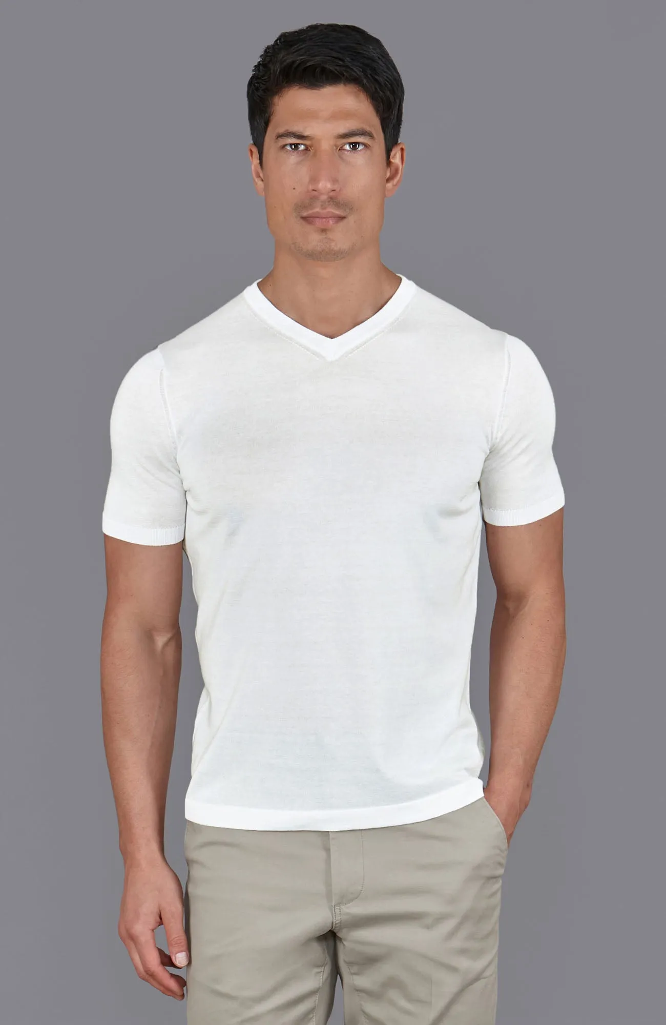 Mens Superfine Mercerised Cotton V Neck Knitted T-Shirt