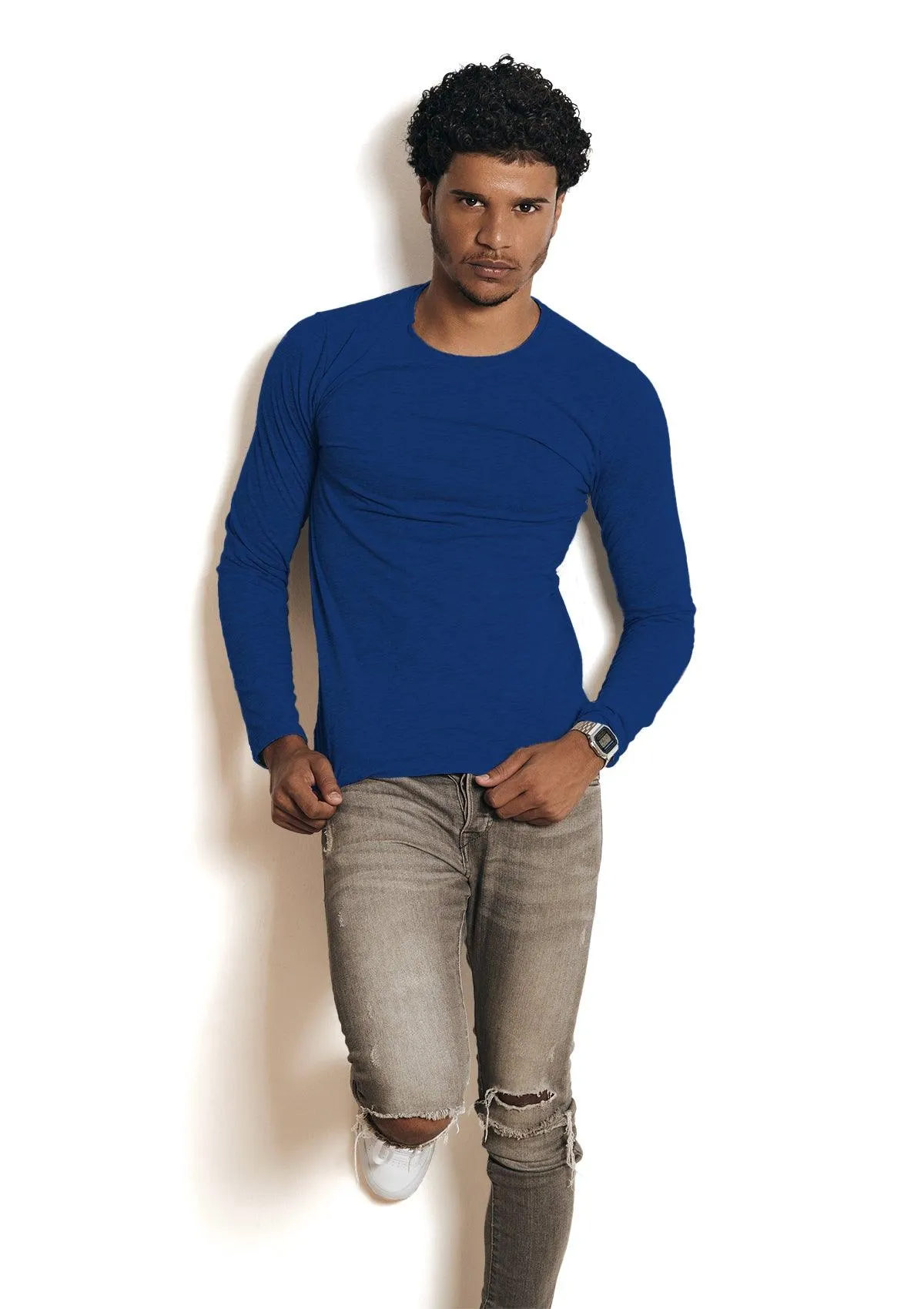 Mens T-Shirts Long Sleeve Crew Neck Royal