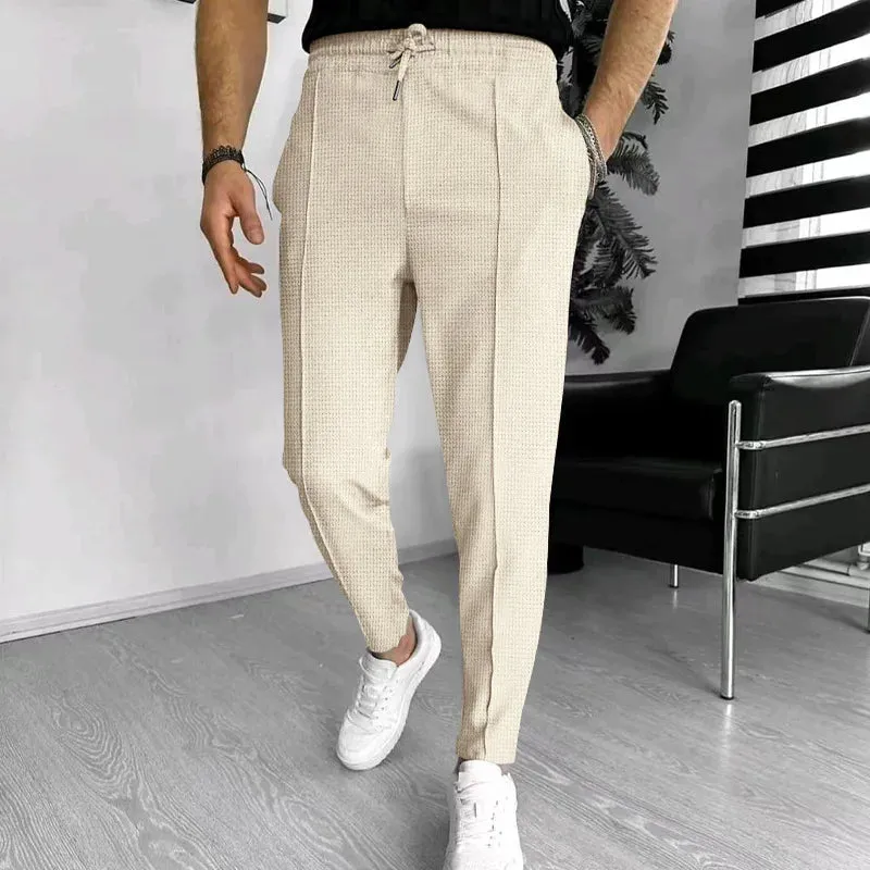 Men's Trousers waffle plaid drawstring sports pants for men Casual Loose Straight Pants Drawstring Elastic Slim-fit Sweatpants