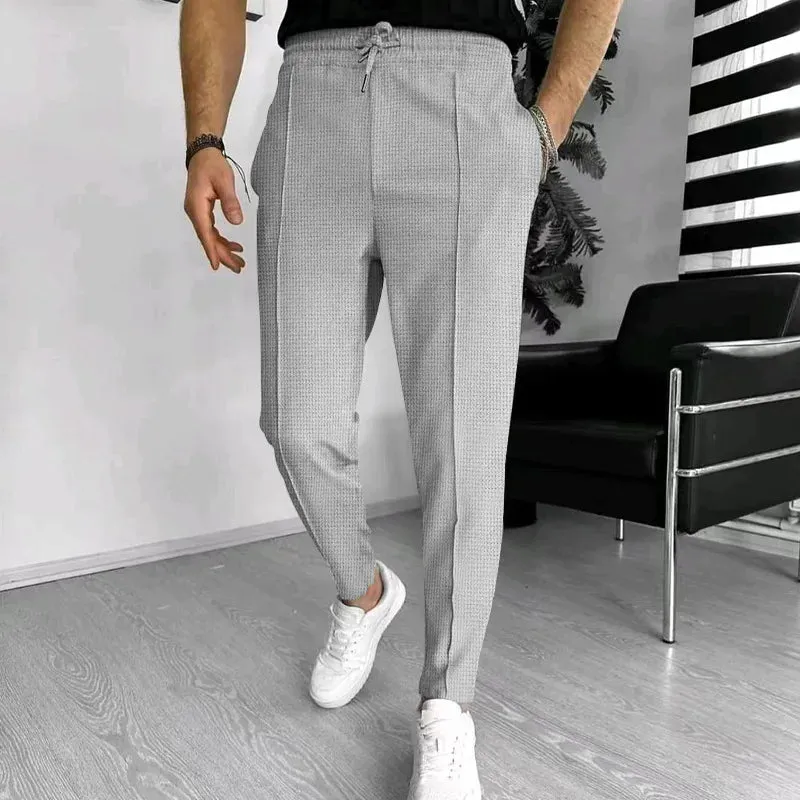 Men's Trousers waffle plaid drawstring sports pants for men Casual Loose Straight Pants Drawstring Elastic Slim-fit Sweatpants