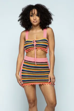 Multi Color Crochet Open Back Top/mini Pencil Skirt 2 Piece Set