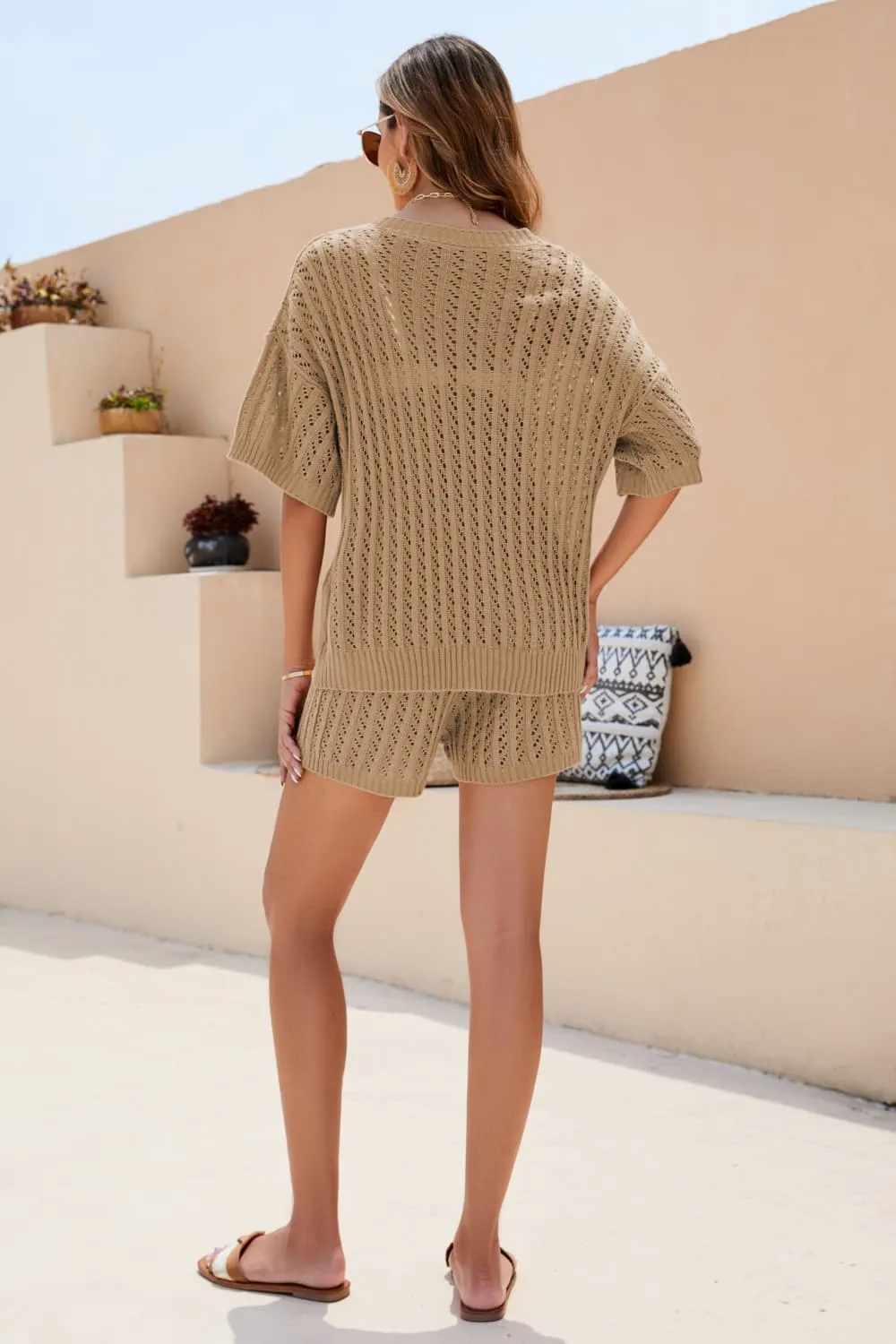 Openwork V-Neck Top and Shorts Set