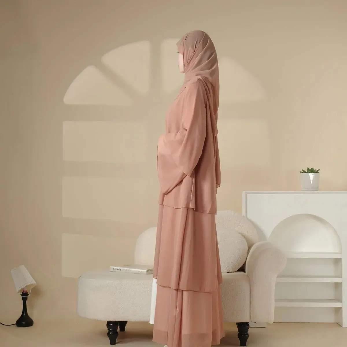 Plain 3-Layered Chiffon Open Abaya 3-Piece Set (MOA007)