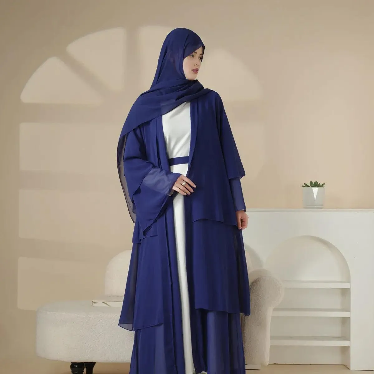 Plain 3-Layered Chiffon Open Abaya 3-Piece Set (MOA007)