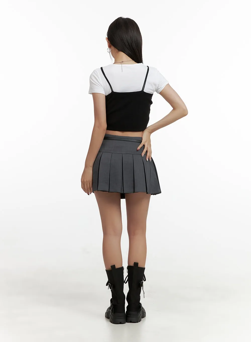 Pleated Asymmetrical Layered Mini Skirt OU403