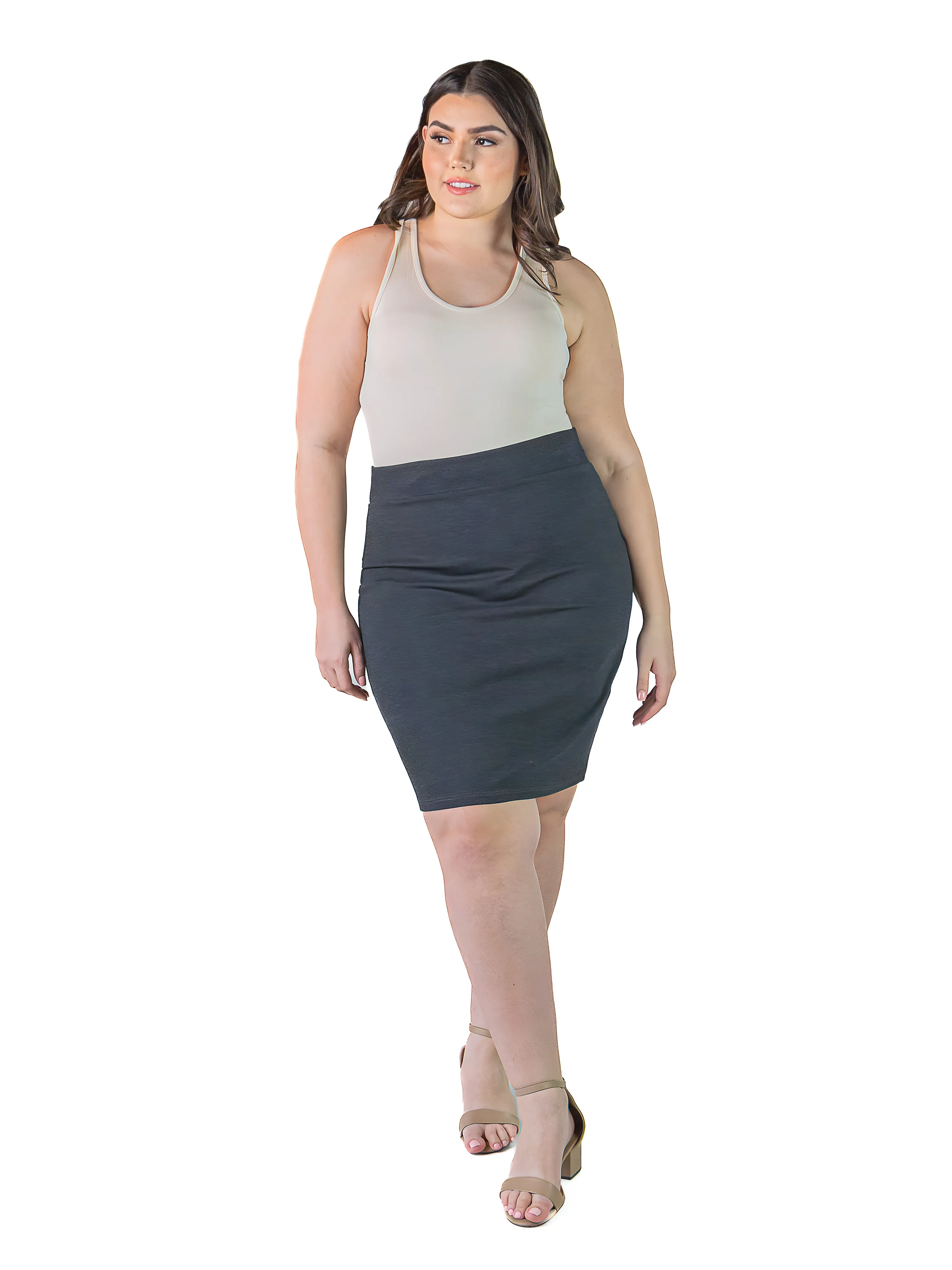 Plus Size Solid Color Elastic Waist Knee Length Pencil Skirt