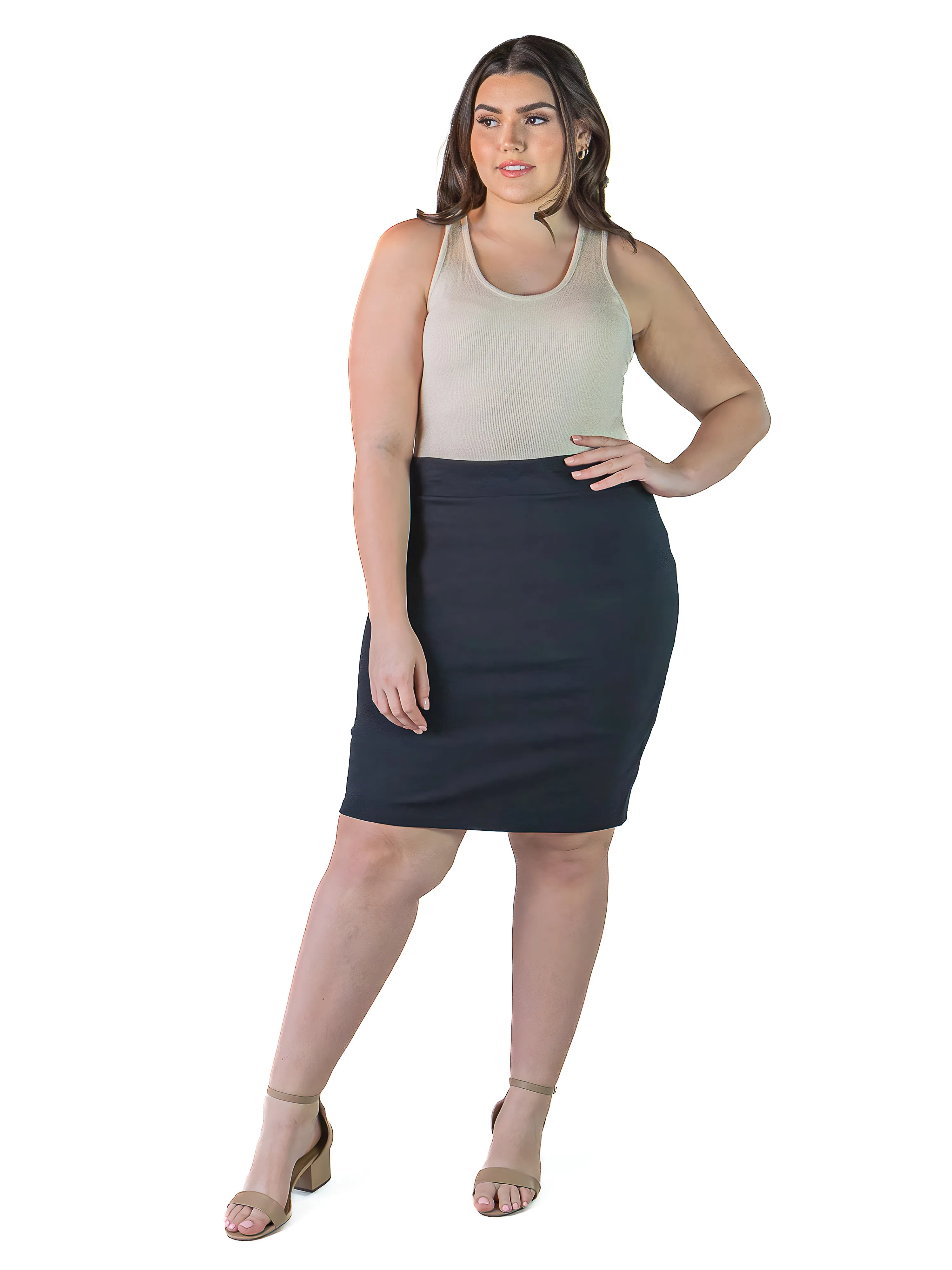 Plus Size Solid Color Elastic Waist Knee Length Pencil Skirt