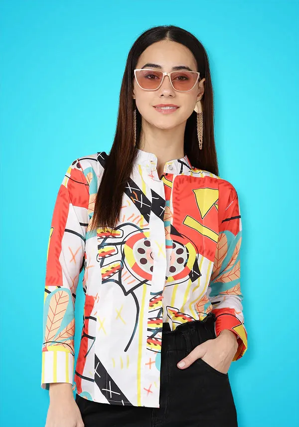 Printed Women's Shirt With Chinese Collar