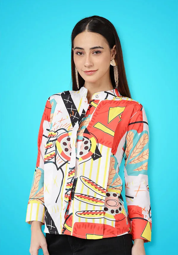 Printed Women's Shirt With Chinese Collar