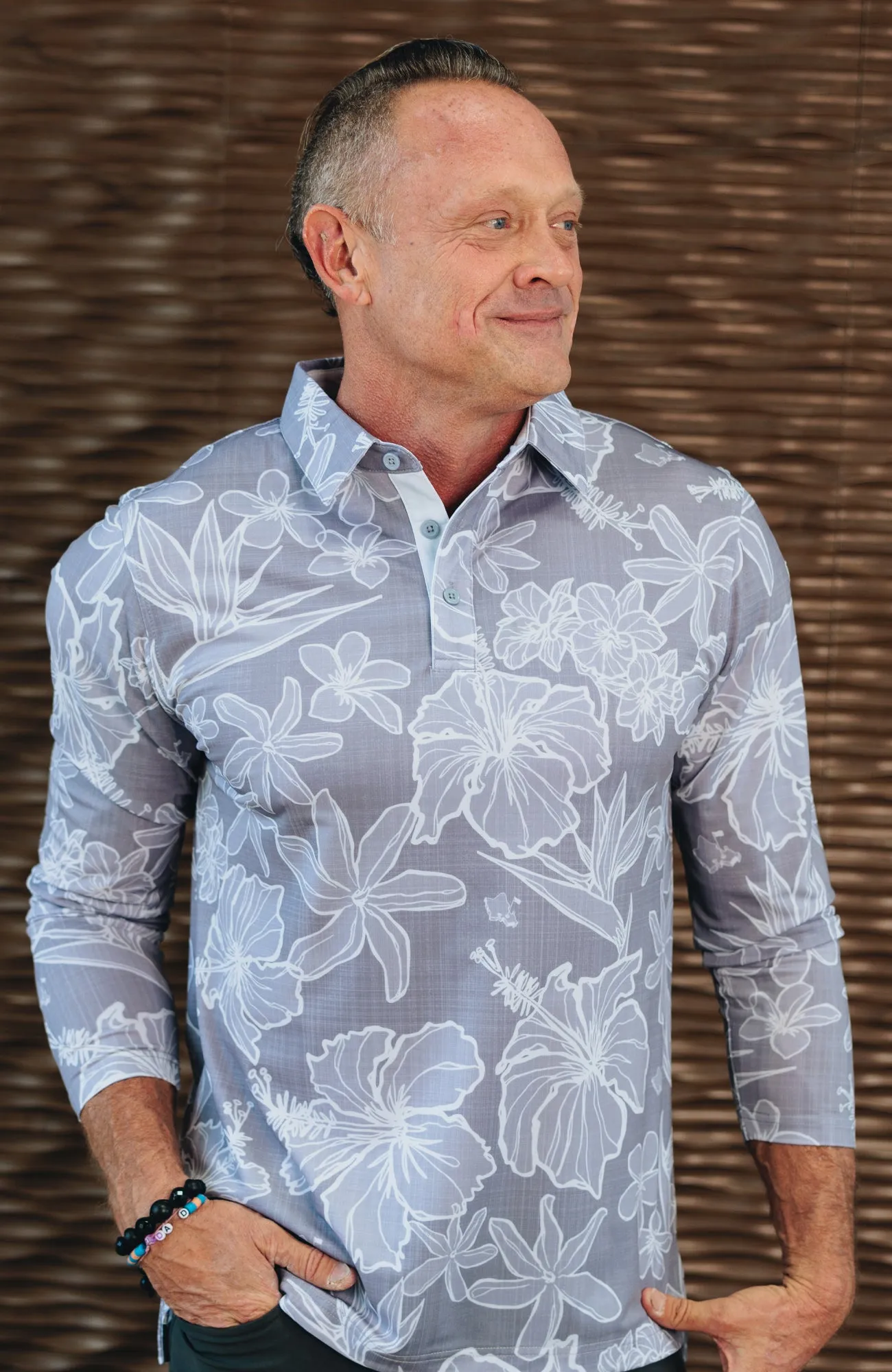 "Sketchy Floral" Downtown Gray - OGA Men's Long Sleeve Polo - Gray