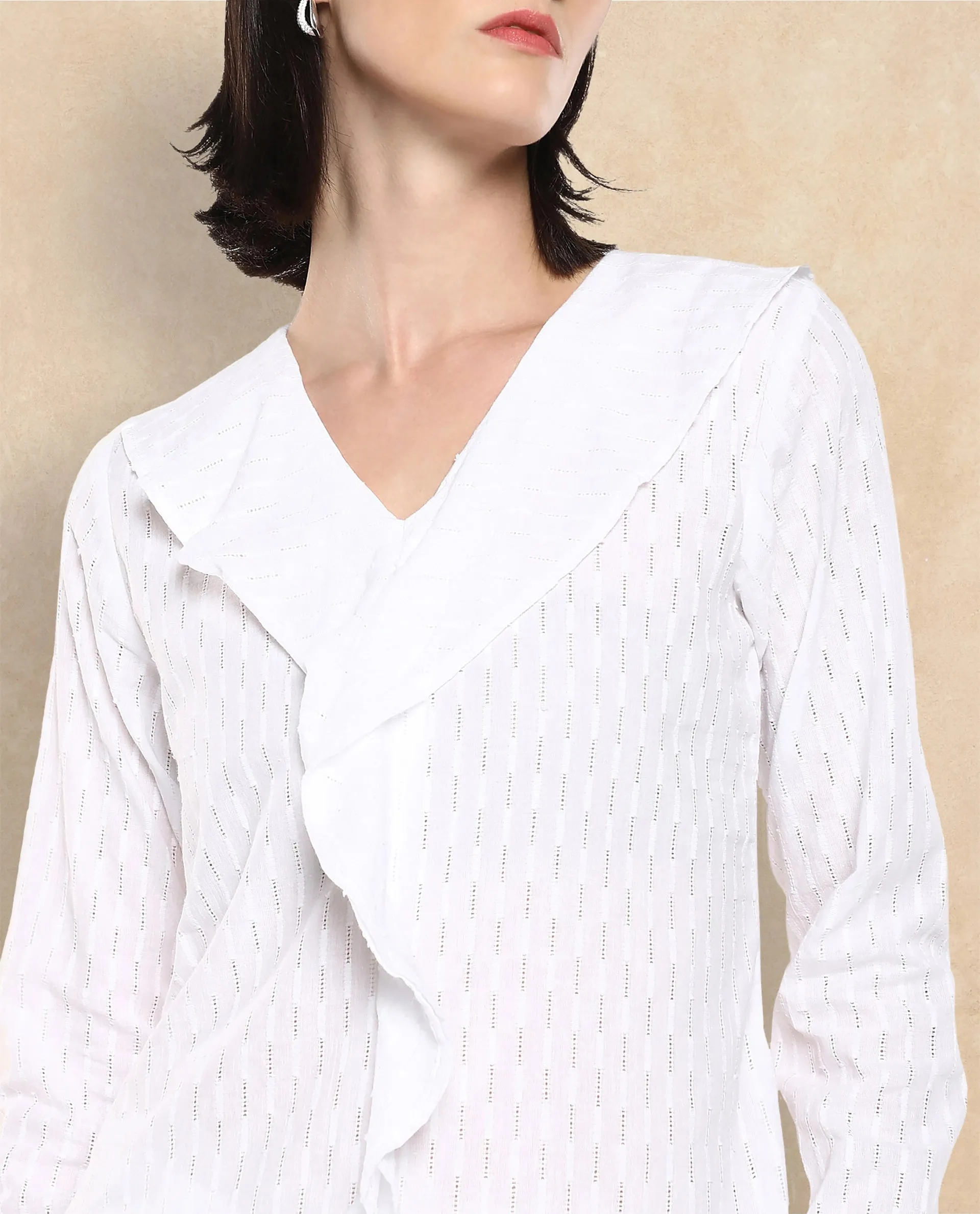 Rareism Women Bowez White Full Sleeve Ruffled Neck Plain Top