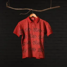 Red - Bindaas Natural Dyed Art Block Print Polo Collar T-shirt in Cotton