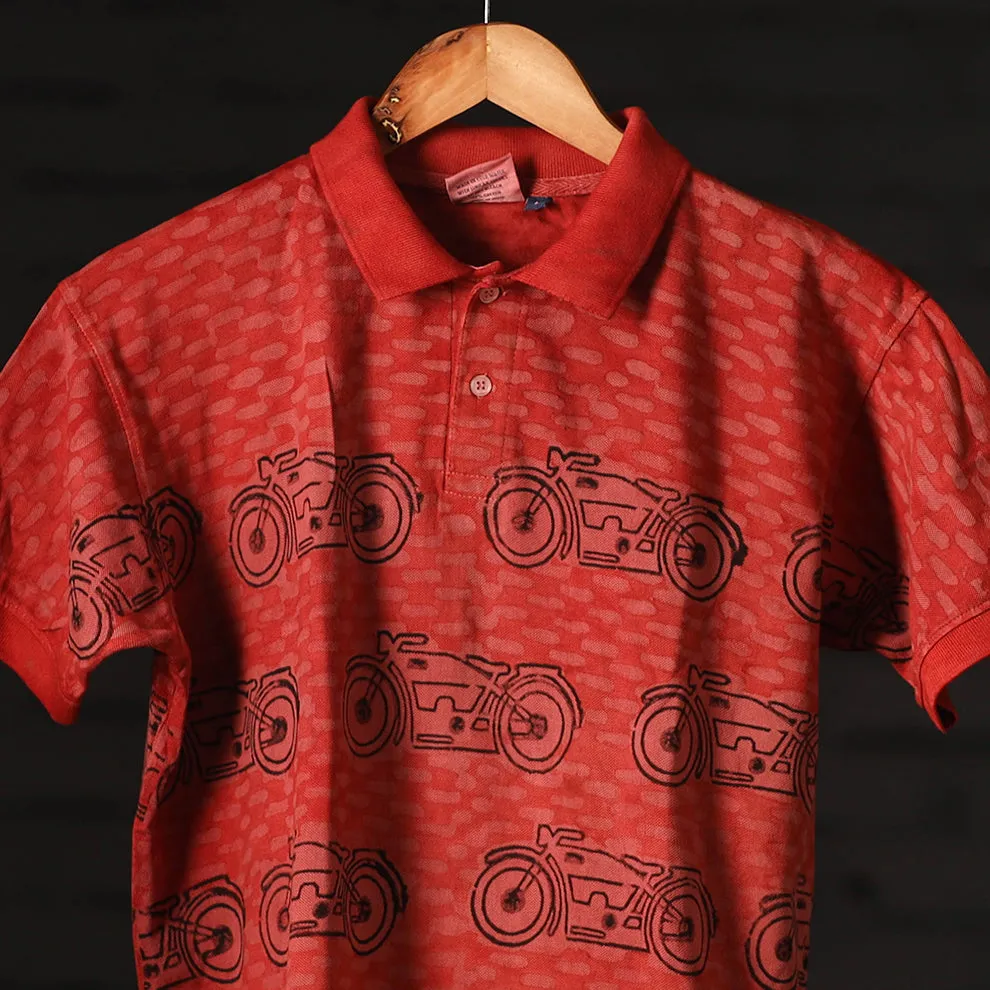 Red - Bindaas Natural Dyed Art Block Print Polo Collar T-shirt in Cotton