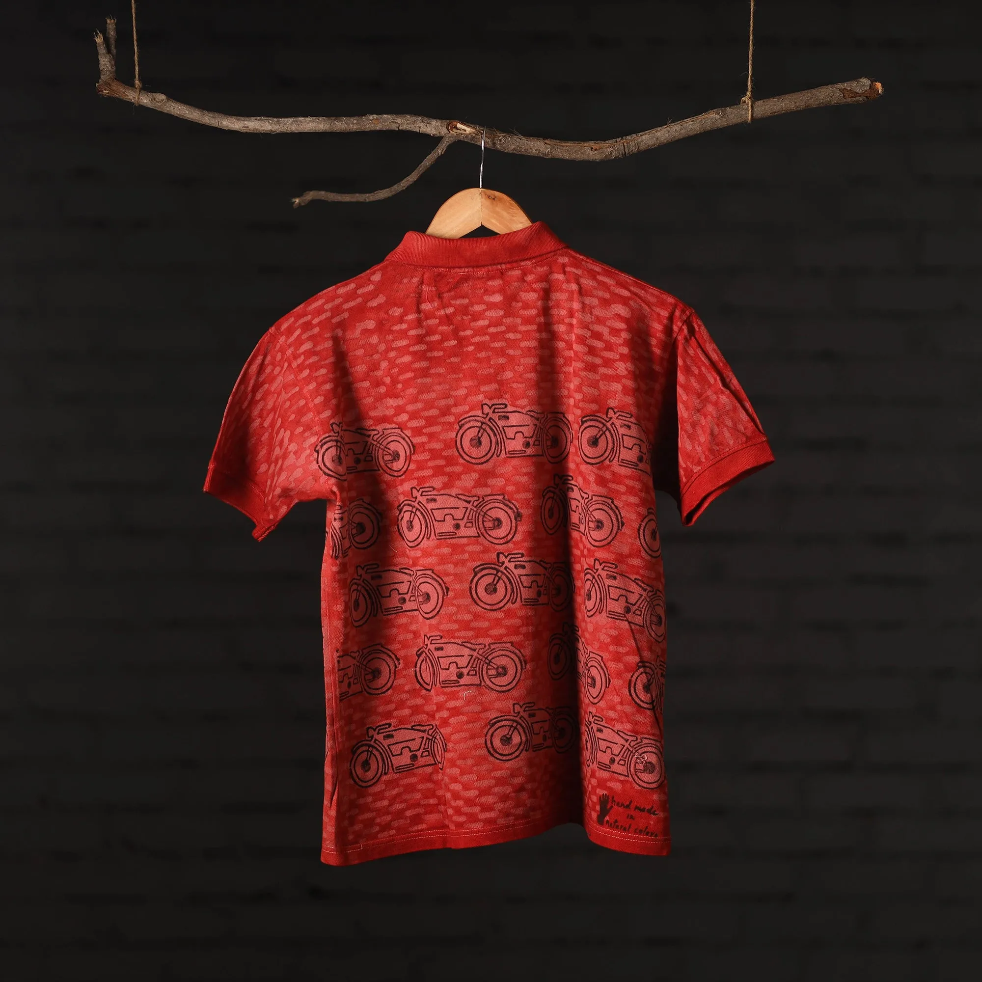 Red - Bindaas Natural Dyed Art Block Print Polo Collar T-shirt in Cotton